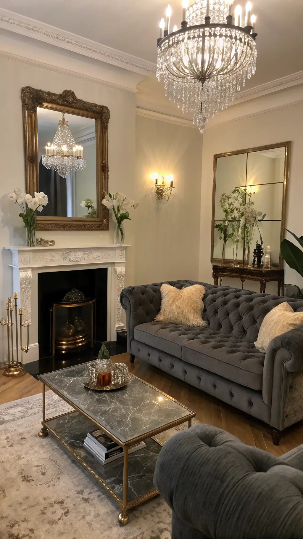 Luxurious 17x19ft living room with charcoal grey velvet chesterfield sofa, marble fireplace, vintage bar cart, art deco wall sconces, crystal chandelier, and mirrored coffee table, shot from a low angle under evening ambient light