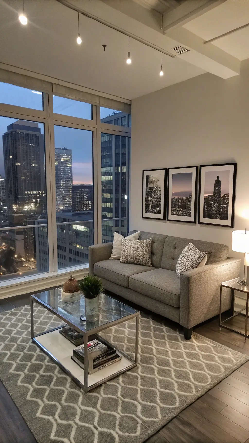 Modern 14x16ft urban apartment living room with heather grey bouclé loveseat, a glass and chrome coffee table on a geometric grey and white rug, under a black and white photography gallery wall, lit by a sleek metal floor lamp and city lights through floor-to-ceiling windows at dusk.