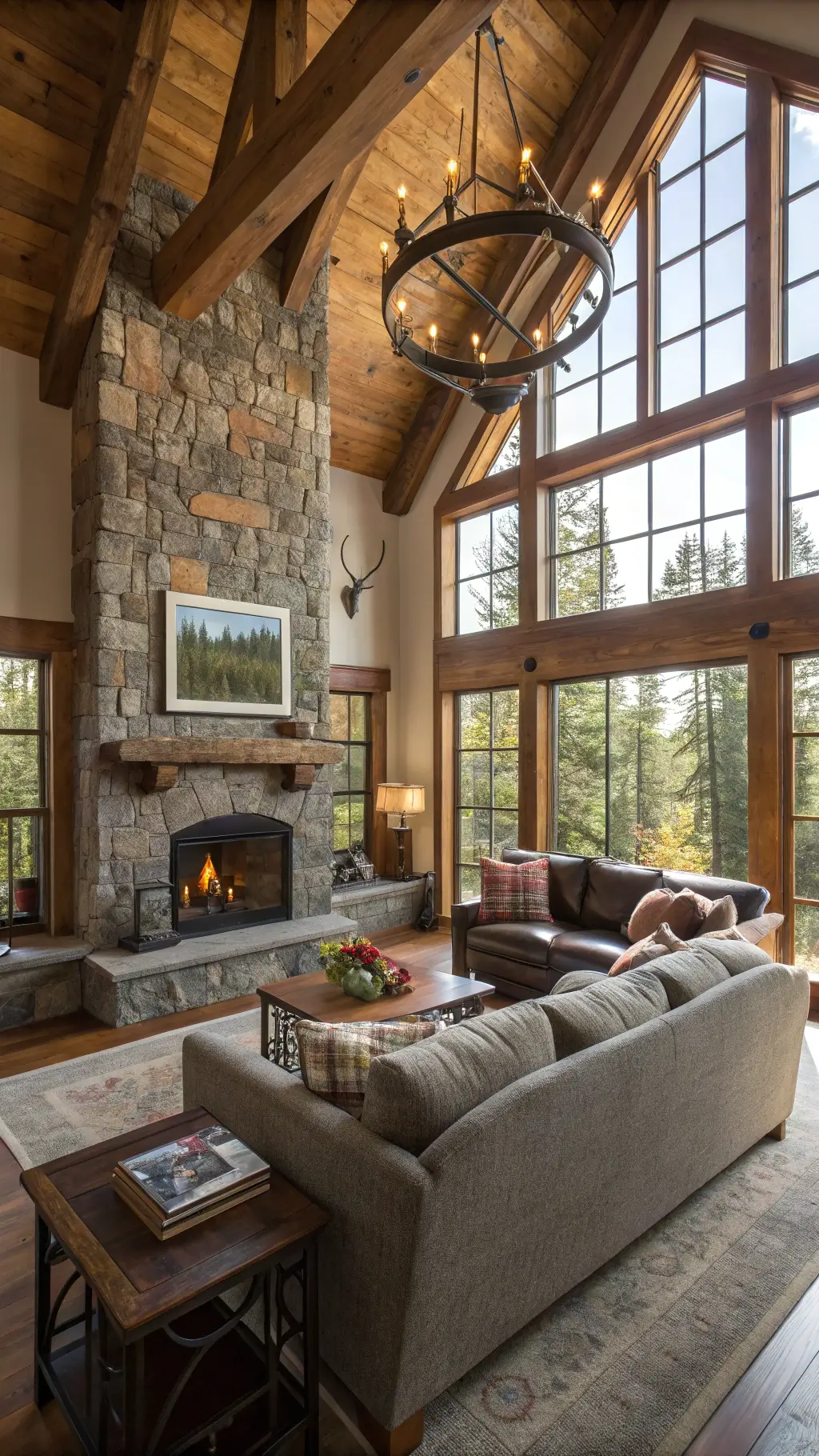 Mountain retreat great room featuring a grey sectional sofa, stone fireplace, reclaimed beam coffee table, leather armchairs, and iron accents, filled with morning light through timber-framed windows as viewed from the loft above.