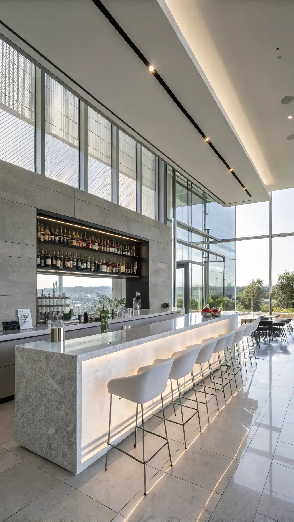 sleek modern minimalist bar lounge with floor-to-ceiling windows floating concrete ghost acrylic barstools low-profile seating warm grey white color scheme black accents