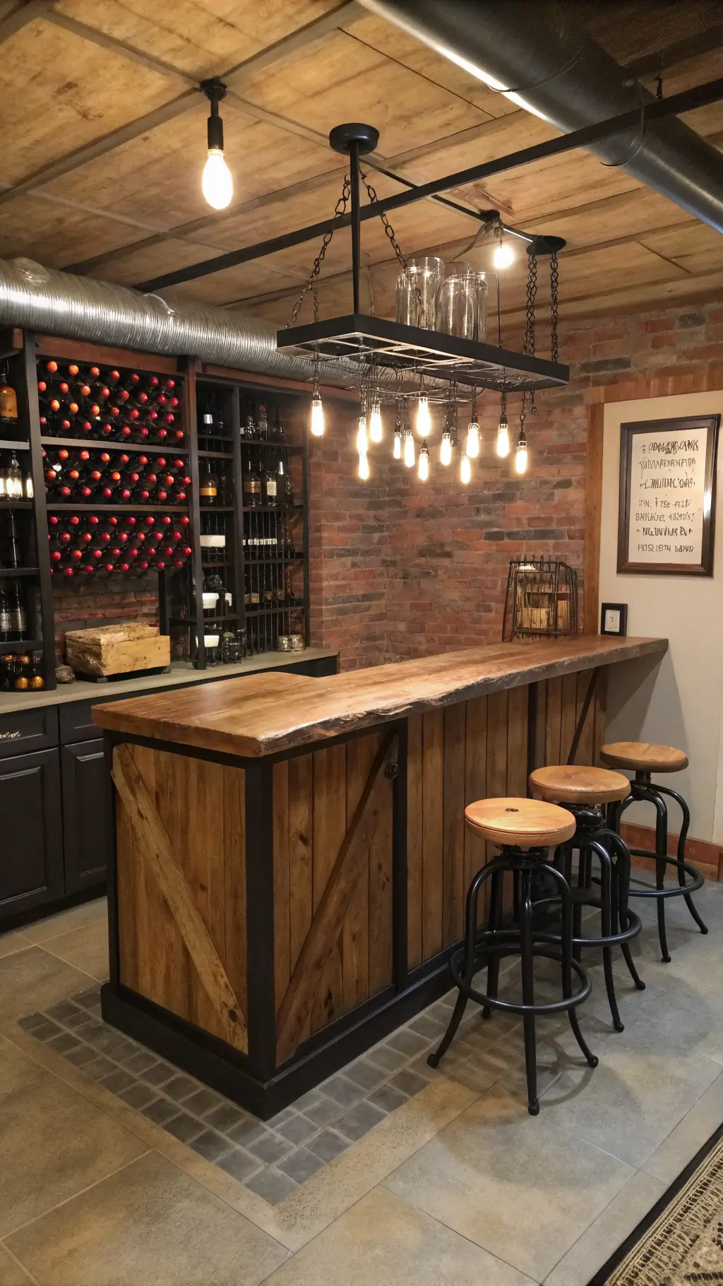rustic industrial wine bar basement with edison bulb chandelier reclaimed barn wood top pipe rack vintage leather stools barrel accent table copper tools