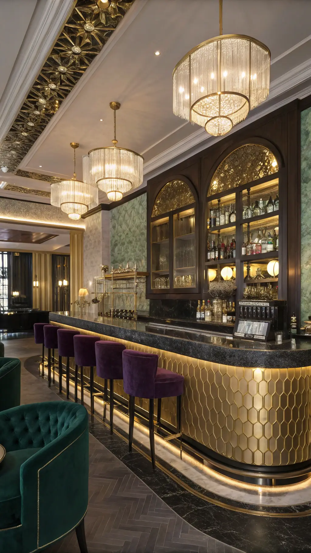 art deco glamour bar with black marble top antiqued mirror panels glass shelving velvet banquettes jewel tones brass lighting vintage cocktail shakers crystal decanters geometric decor
