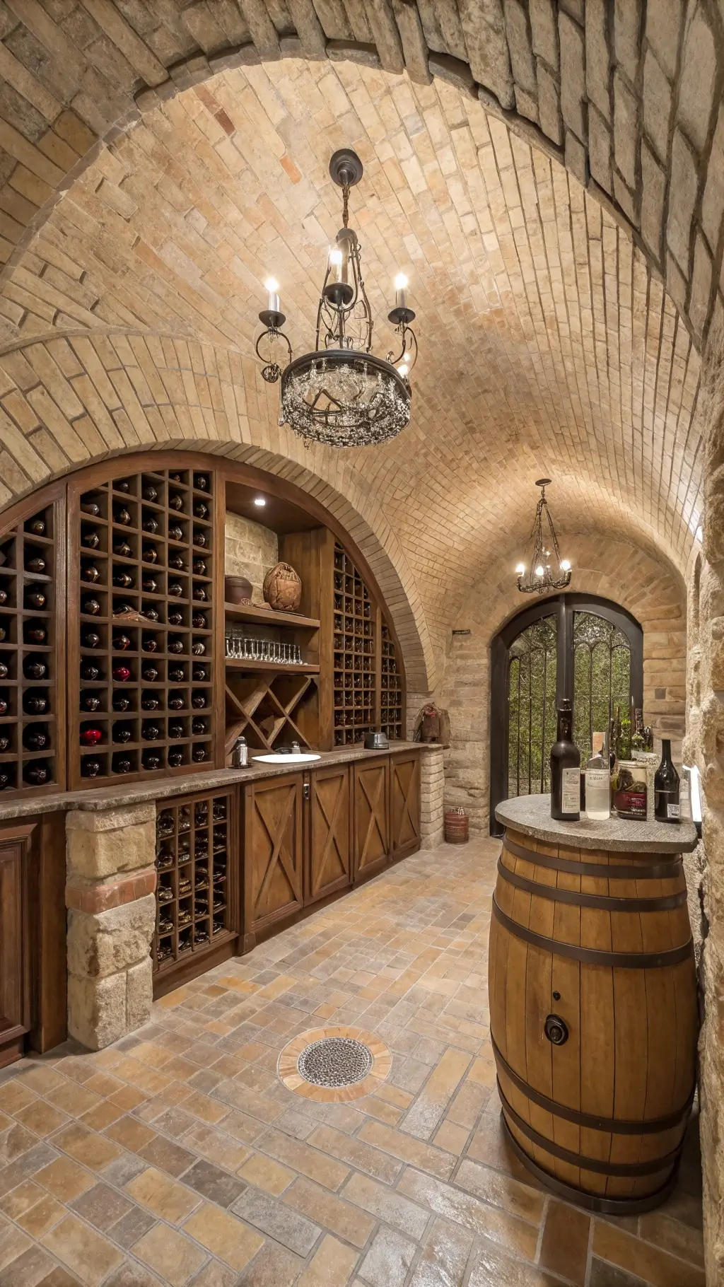 mediterranean style wine cellar with barrel-vaulted brick ceiling stone niches rustic wooden bar wrought iron racks chandelier vintage crates terra cotta vessels