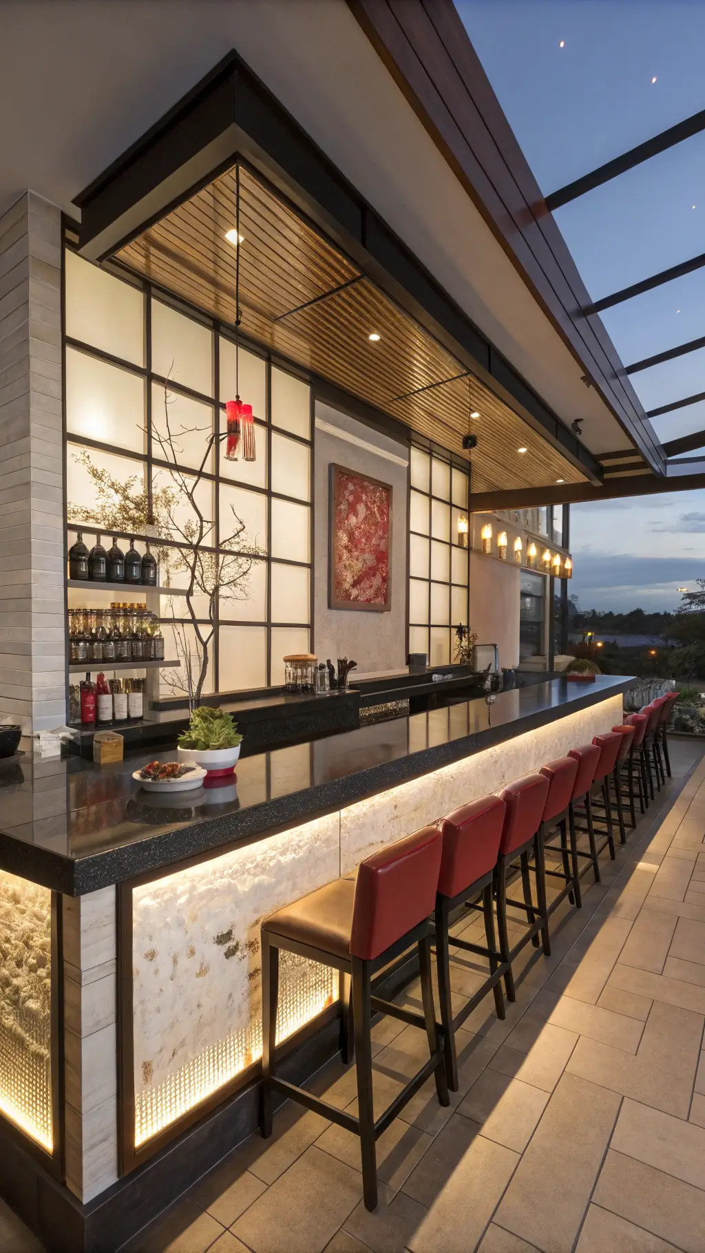 contemporary asian fusion bar with backlit shoji screens floating glass shelves black granite led lighting low-profile leather seating bonsai displays sake sets modern art