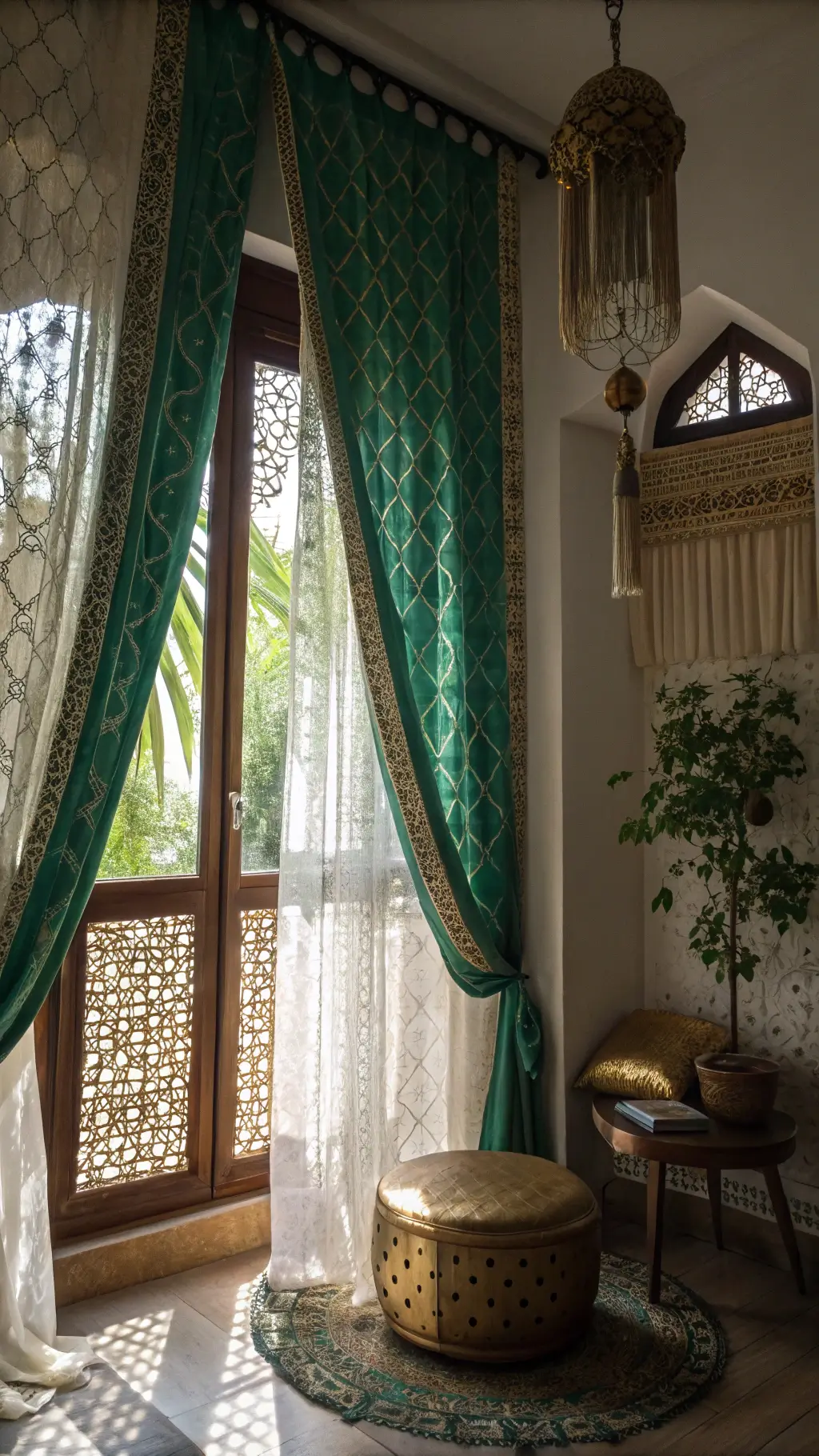 Bedroom alcove with emerald and gold geometric curtains, layered with sheer white panels, macramé plant, and leather pouf