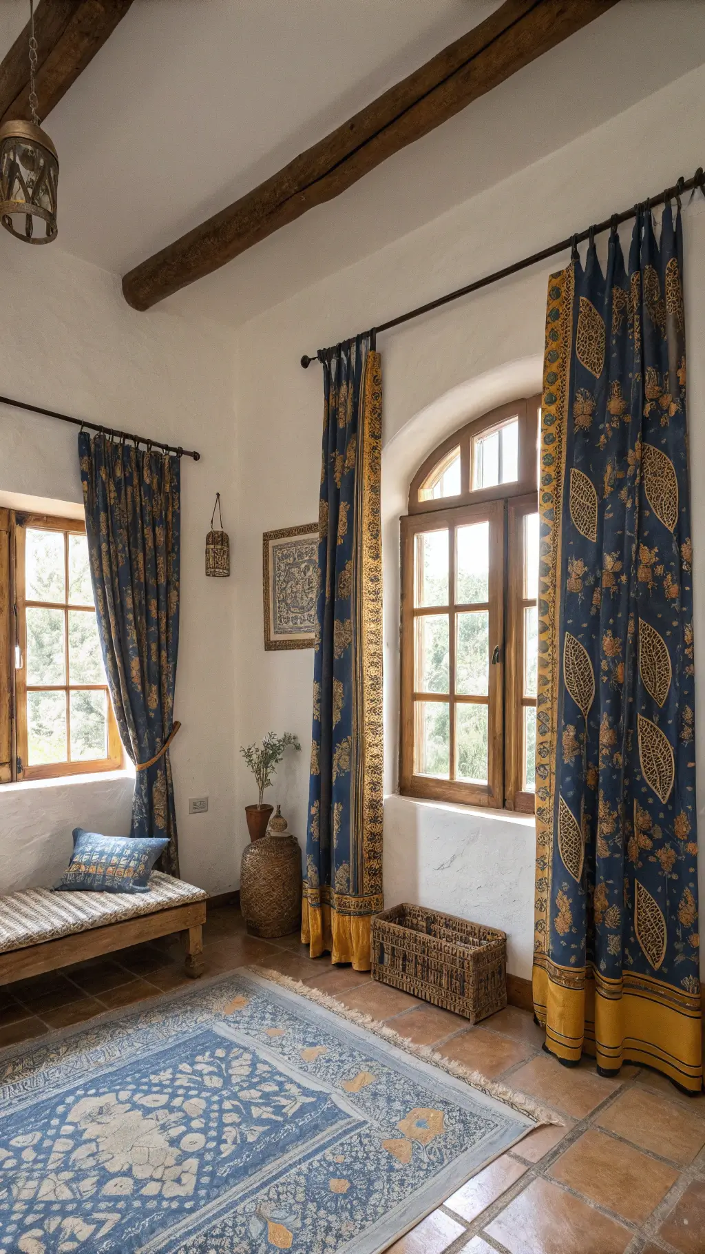 Bedroom with indigo and ochre paisley curtains, vintage kilim rug, and ceramic accents under warm natural light
