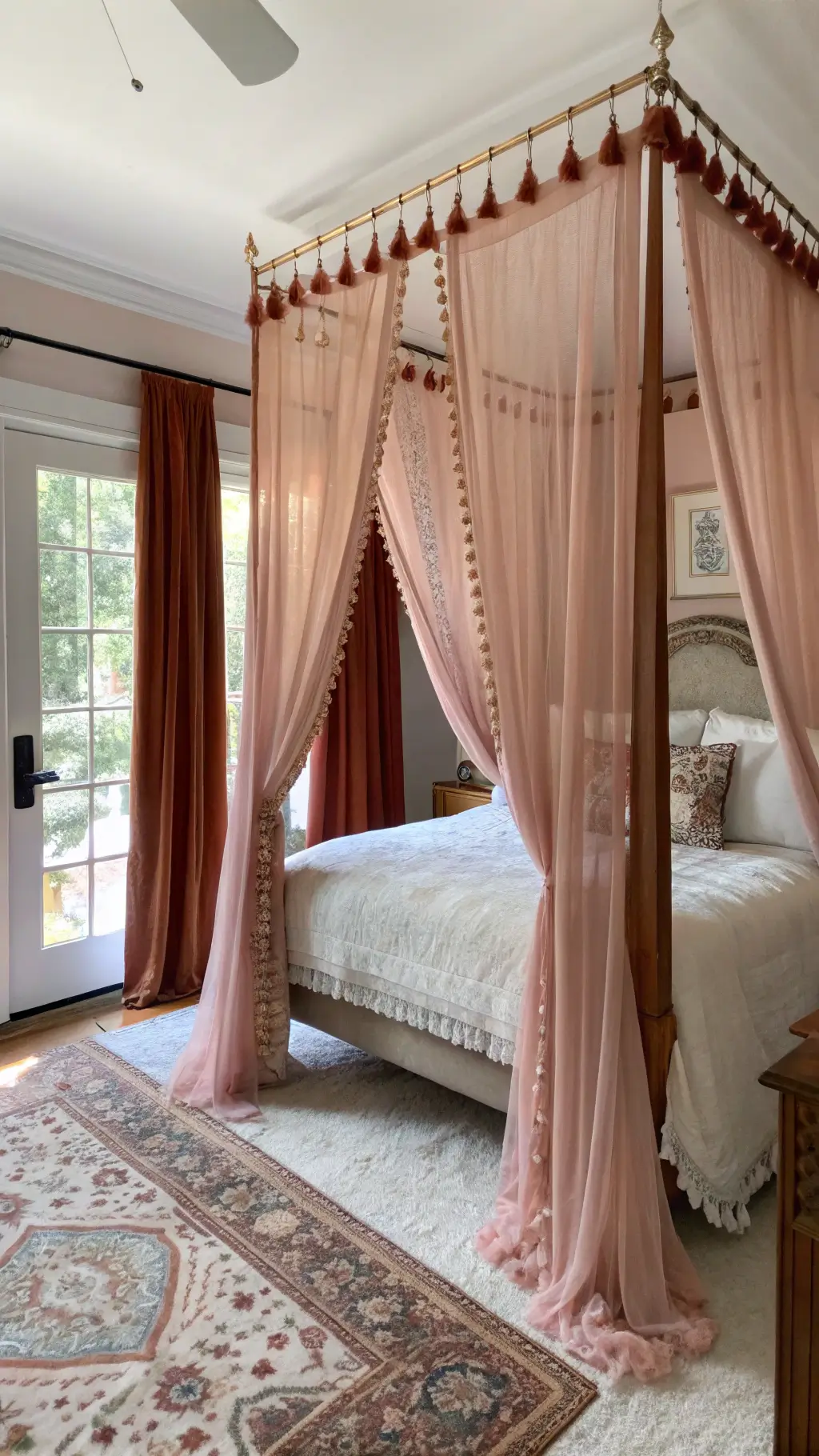 Master bedroom with blush sheer curtains trimmed with pom-poms, rust velvet panels, and vintage Persian rug