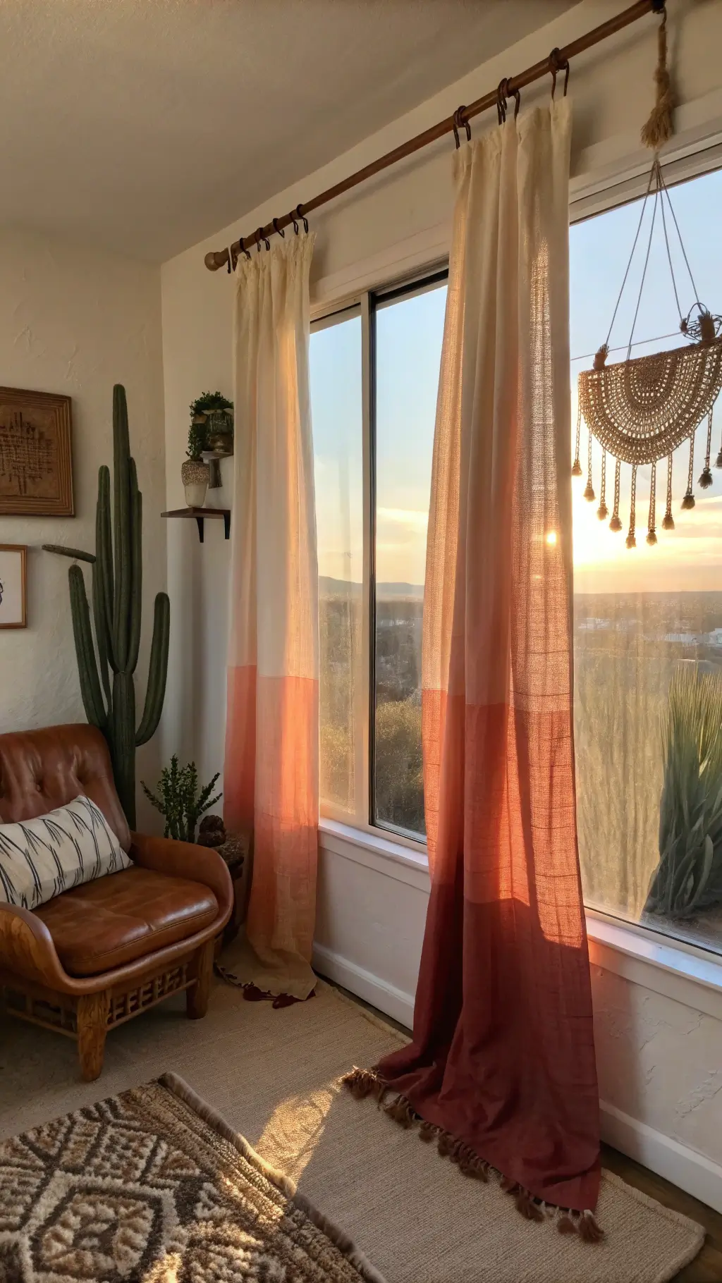 Bohemian bedroom corner with sunset ombré curtains, cacti, woven wall art, and leather butterfly chair