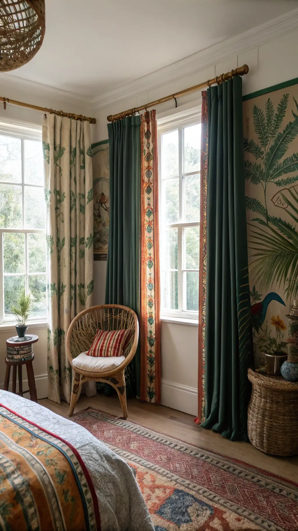 Eclectic bedroom with triple windows, mixed-pattern curtains, antique brass rods, and rattan chair