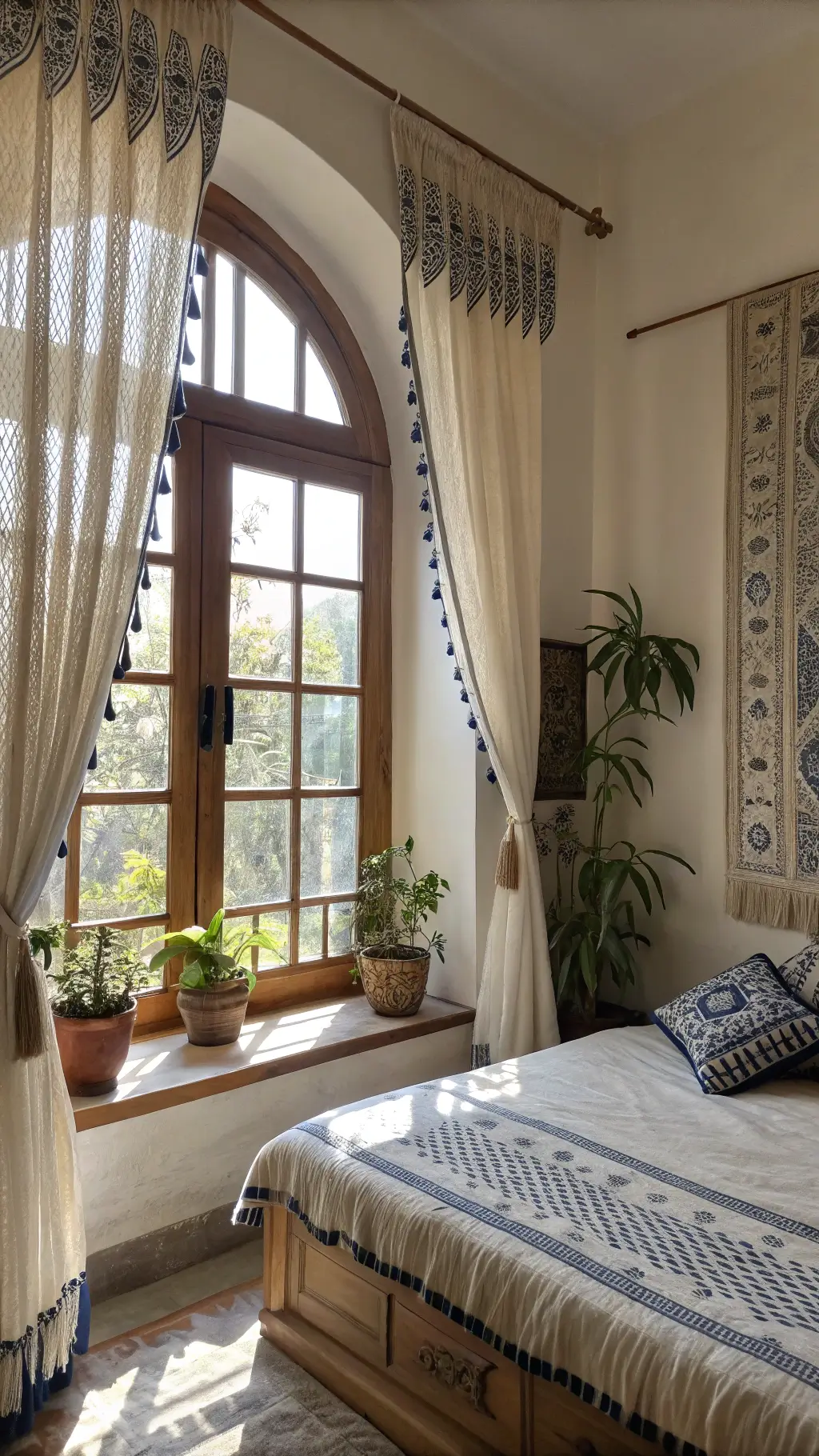 Cozy bedroom with handwoven wool curtains, block-printed indigo panels, ethnic textiles, and hanging plants