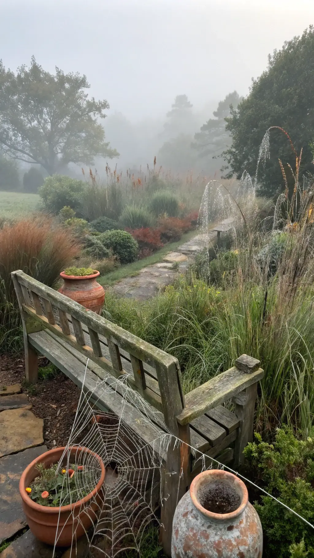 Elevated view of a misty morning garden featuring a rustic, peeling wooden bench nestled among tall grasses, dew-covered spider webs, and aged ceramic vessels in muted fog gray, rusty brown, and deep green tones.