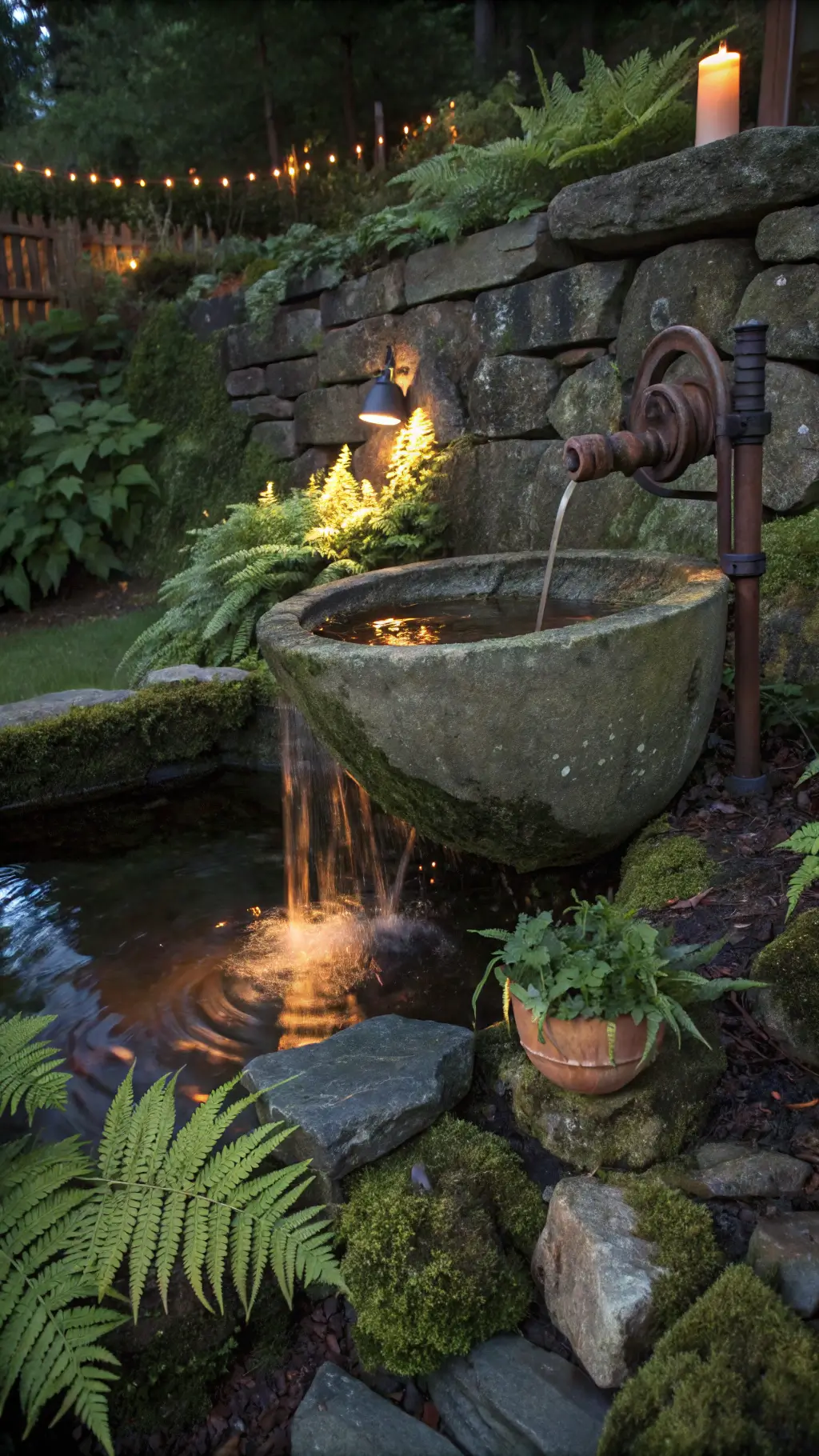 Twilight garden scene focusing on an ancient stone basin with water gently flowing over river rocks, surrounded by jade-green ferns and moss against a textured wall with rusted iron tools, illuminated by soft mixed lighting.