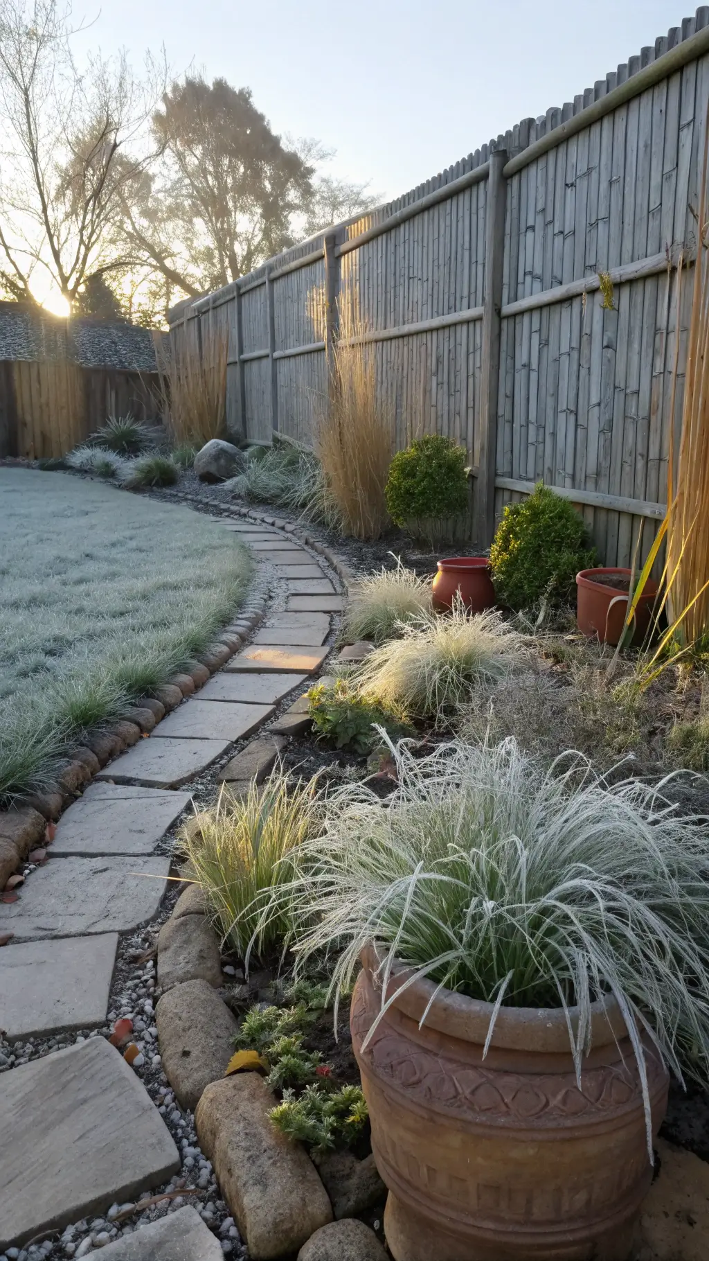 Sunrise illuminating frost-covered ornamental grasses along a stone path bordered by a weathered bamboo fence and cracked clay pots with spring growth, bathed in warm golden light.