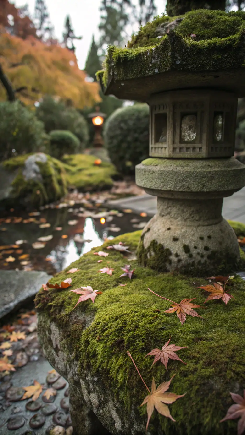 Close-up of a moss-covered stone lantern base surrounded by fallen maple leaves and small water pools reflecting the afternoon sky, with a subtle patinated copper accent in the background.