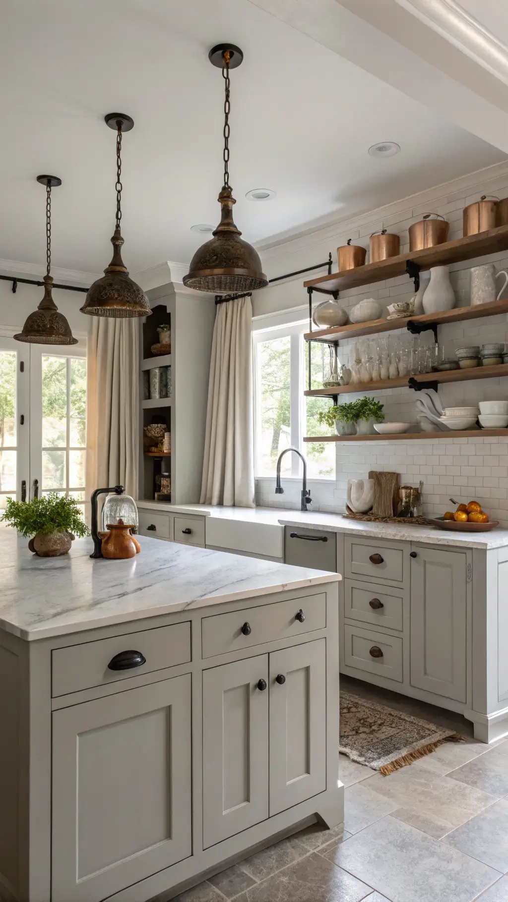 farmhouse kitchen with morning light, dove grey shaker cabinets, marble island, ironstone pitchers, brass pendant lights, open shelving with white pottery and copper cookware, subway tile backsplash