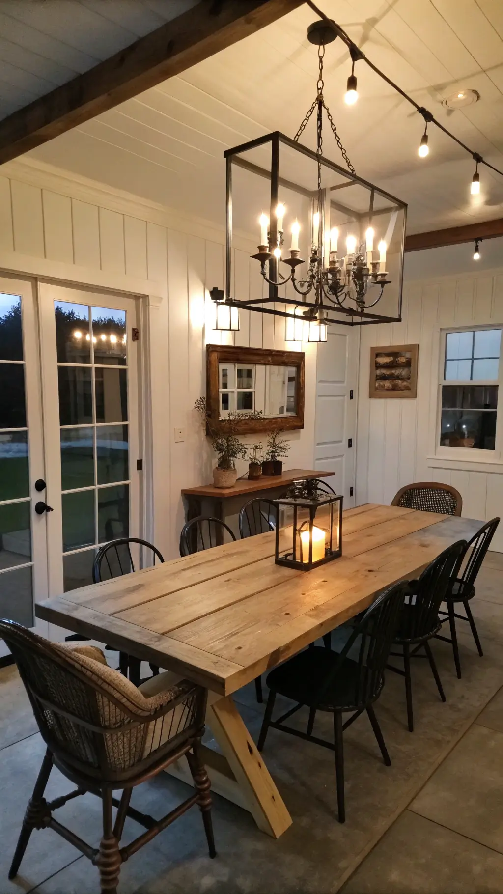 cozy dining room with reclaimed wood table, Windsor chairs, iron chandelier, white board and batten walls, vintage mirror, oak sideboard, brass lamps