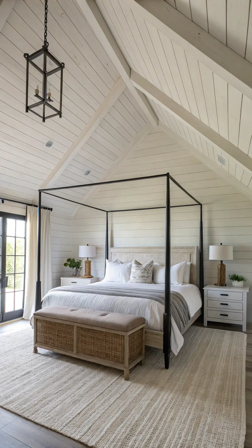 bright master bedroom with cathedral ceiling, king bed with greige linen headboard, black iron canopy frame, layered throws, weathered oak nightstands with ceramic lamps, woven water hyacinth bench