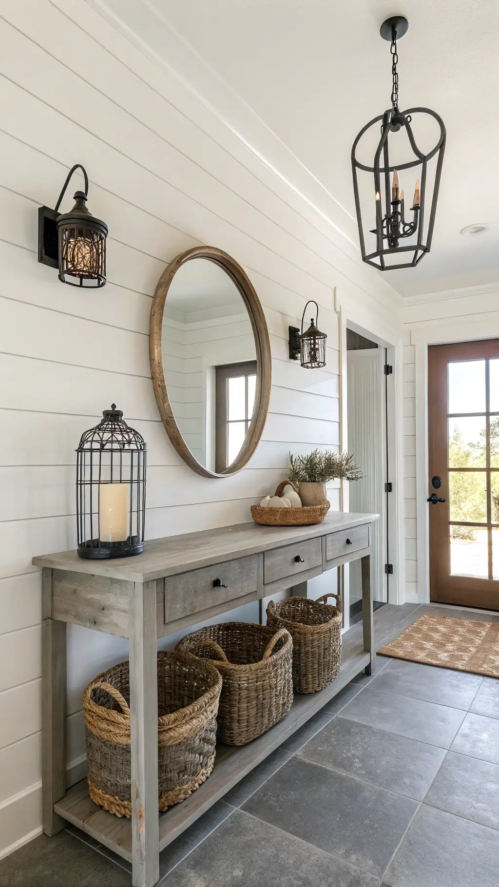 welcoming entryway with white shiplap walls, vintage copper accents, distressed grey console table, oversized mirror, woven baskets, brass pendant, geometric cement tile flooring