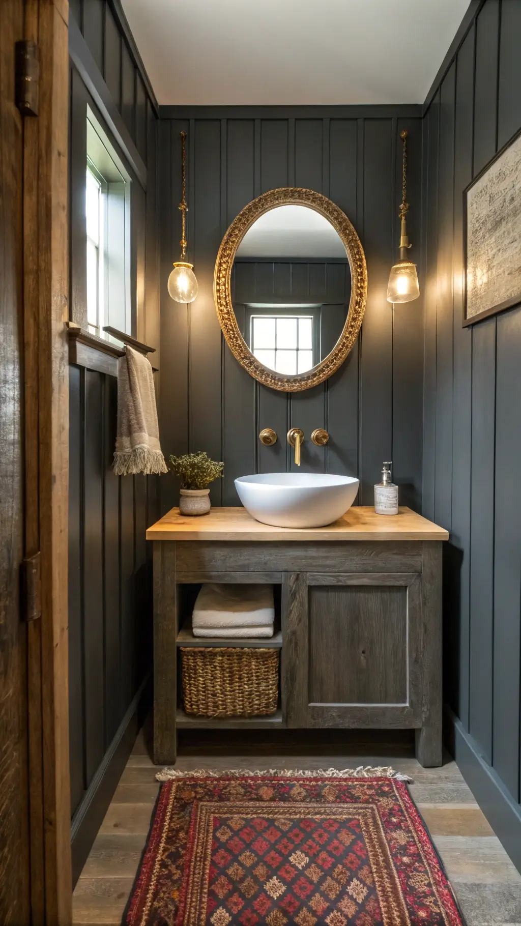 charcoal grey powder room with oak floating vanity, white sink, vintage brass fixtures, centered round rattan mirror, muted red Turkish kilim runner