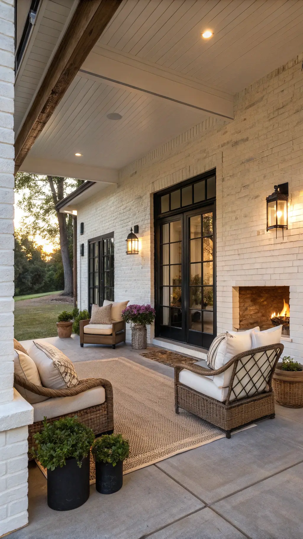 covered back porch at sunset with white brick exterior, black French doors, oversized wicker chairs, outdoor fireplace, reclaimed beam mantel, iron lantern sconces, concrete floors, jute rugs, metal planters, lavender