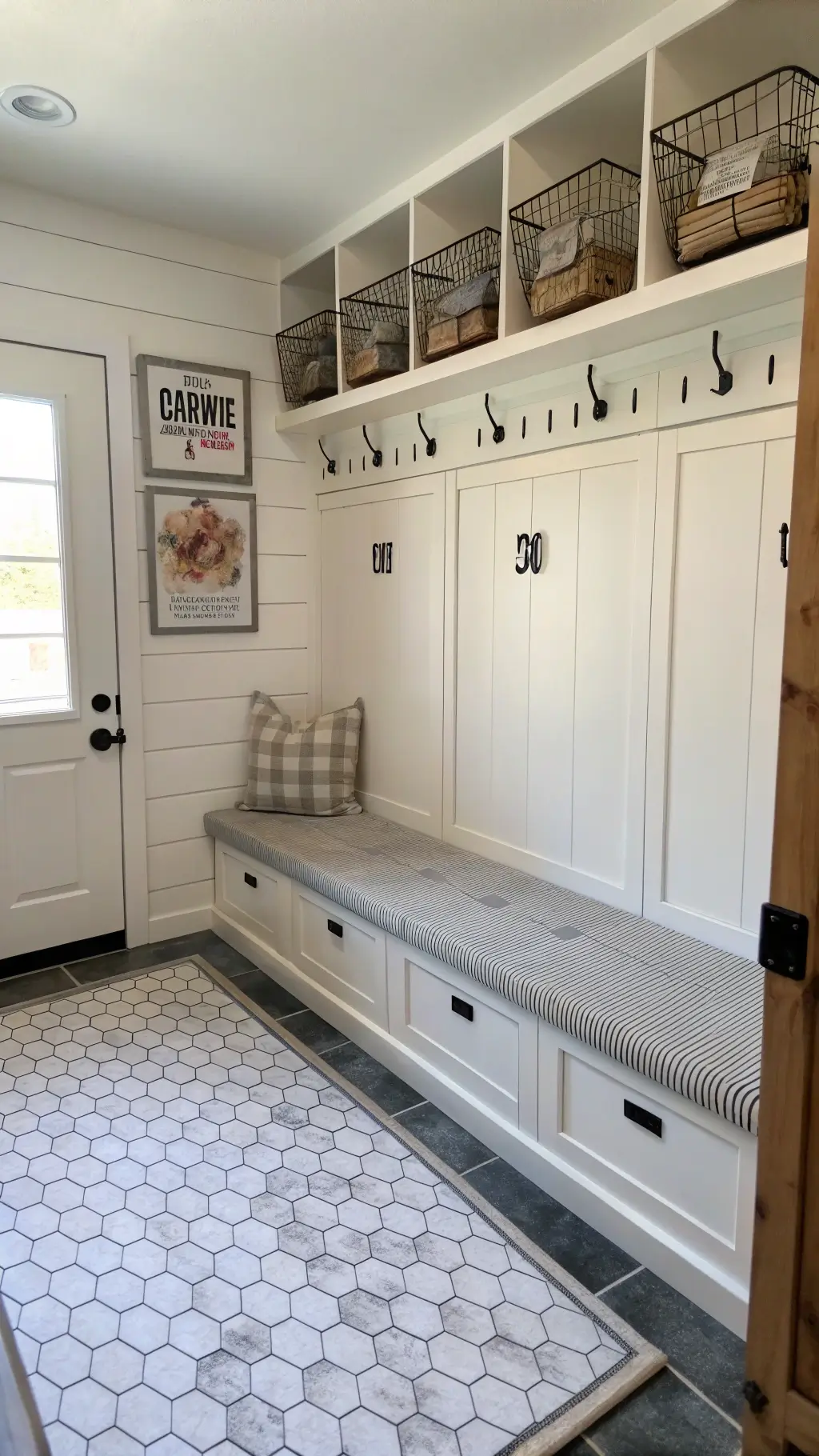 mudroom with locker-style storage, built-in bench, grey and white floor tiles, baskets, vintage sign art