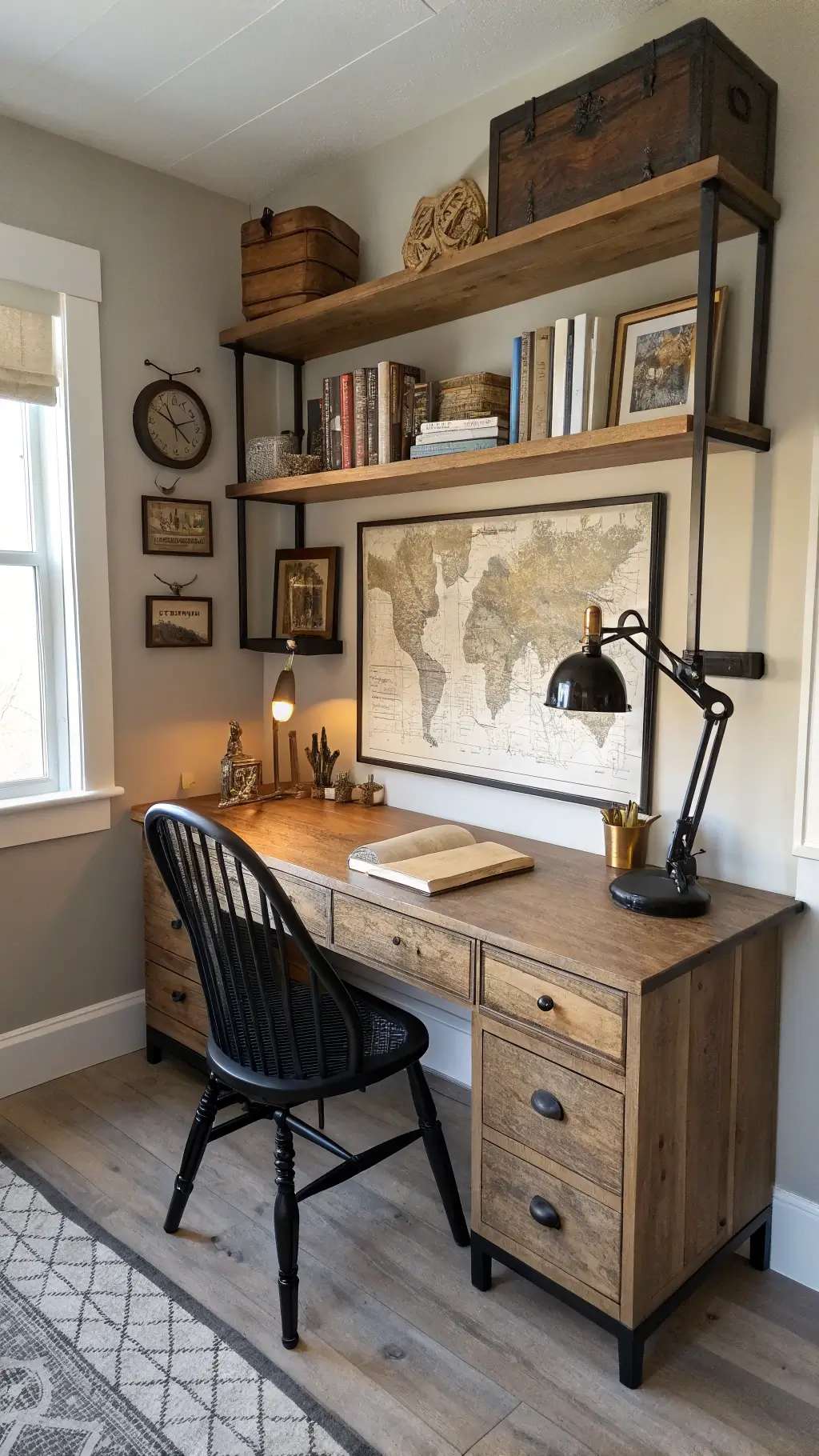 home office nook with weathered oak built-in desk, black pipe supports, matte Windsor chair, open shelving with vintage books and brass decor, industrial steel task lamp, schoolhouse map artwork