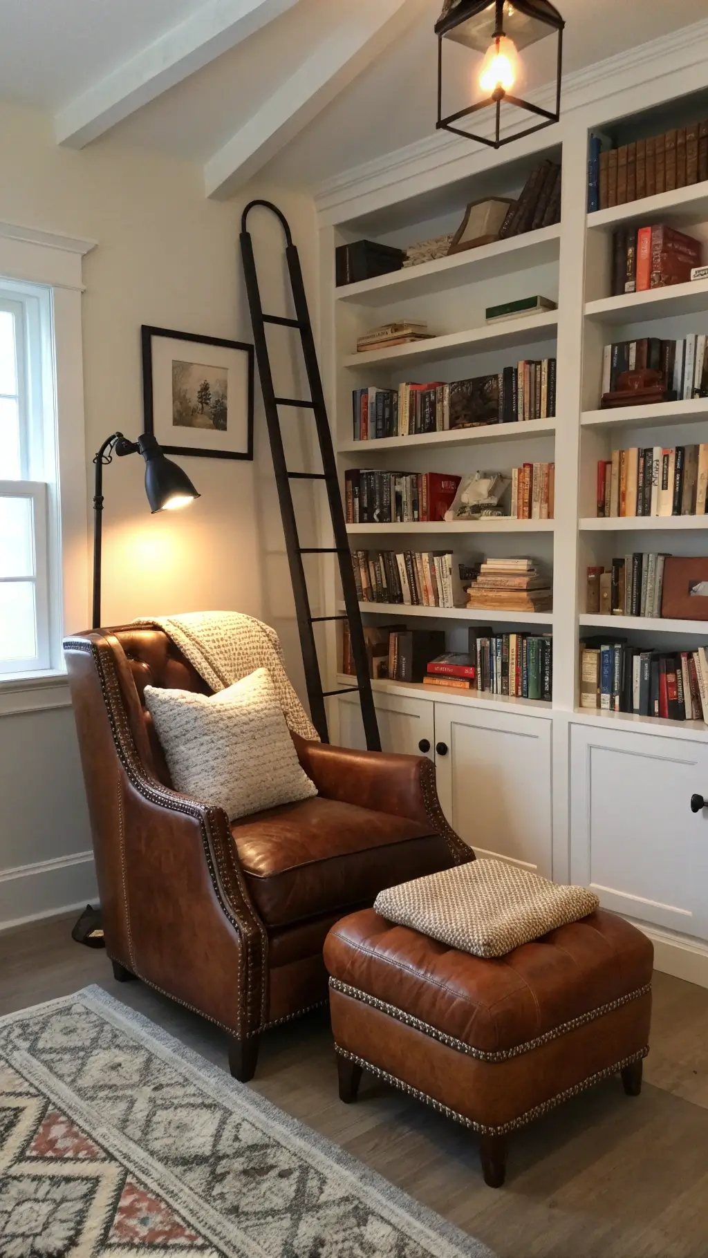 cozy reading corner with oversized leather armchair, floor-to-ceiling bookshelves, black metal sconce, cable knit pouf, vintage ladder blanket display in afternoon light