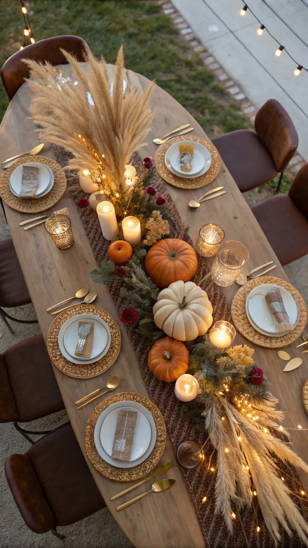Overhead view of a round table with metallic pumpkins, pampas grass centerpiece, gold-rimmed chargers, rust velvet napkins, and brass candlesticks surrounded by brown leather chairs