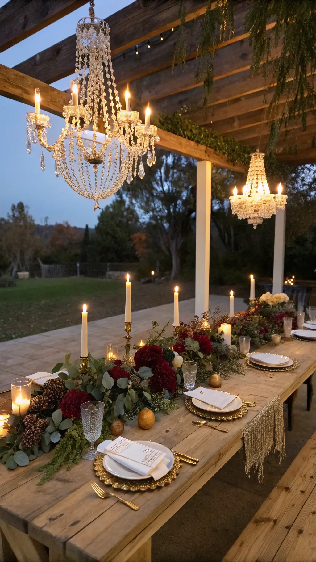 Vintage farmhouse table with white candles, golden chargers, cream linens, eucalyptus garland, burgundy dahlias, and pinecones under warm chandelier light