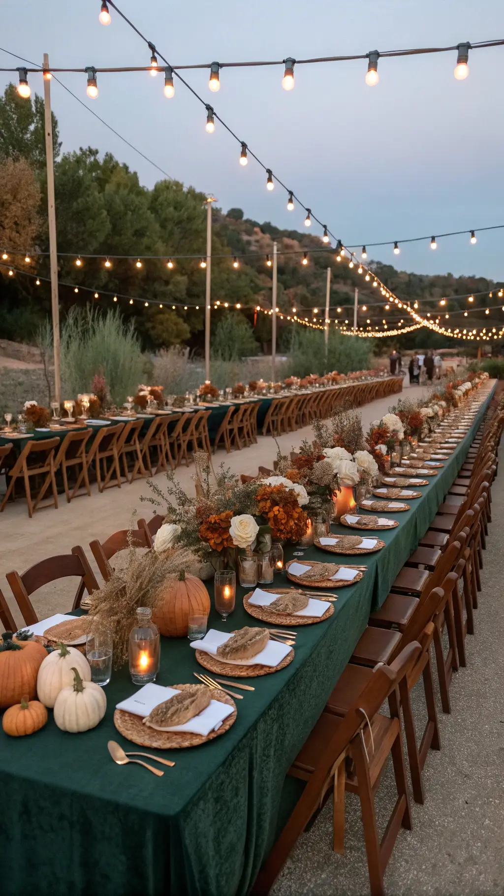 Long banquet table decorated with copper lanterns, ivory pumpkins, rust-colored mums, textured chargers, and deep green velvet napkins on wooden cross-back chairs