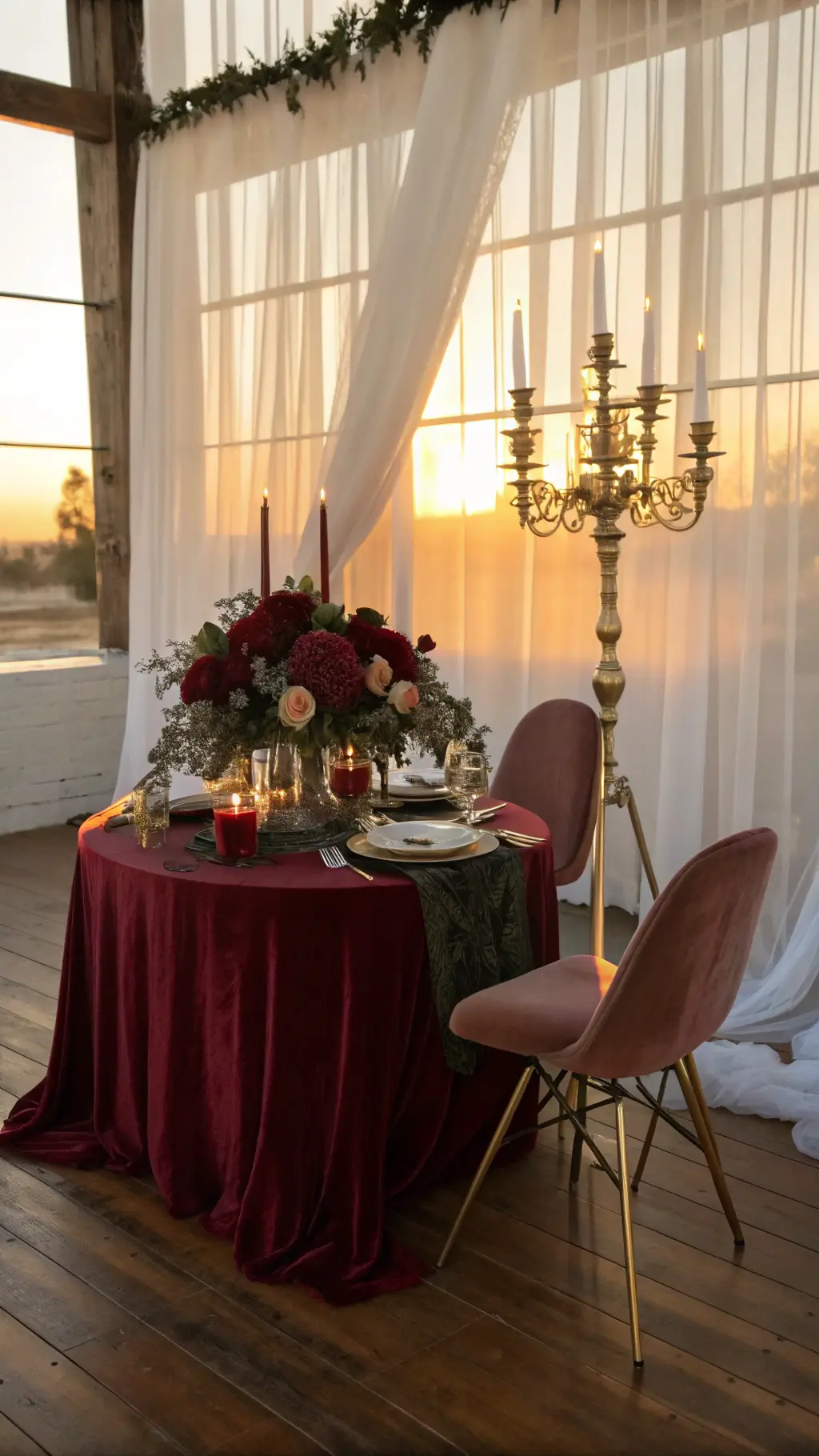 Vintage sweetheart table at sunset with burgundy flowers, gold candelabras, ruby velvet linens, and ghost chairs on rustic wooden floor