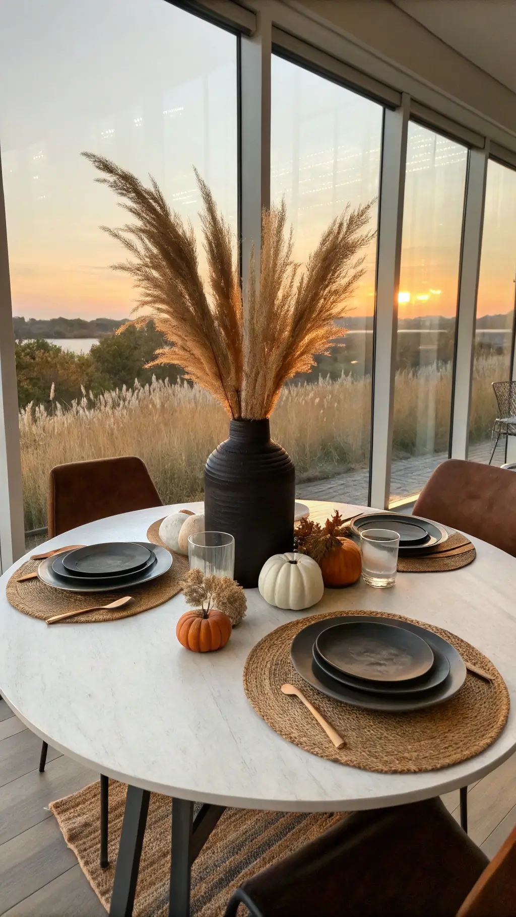 Modern round table with matte black chargers, rust linen napkins, white ceramic pumpkins, dried pampas grass in vase, illuminated by golden hour light