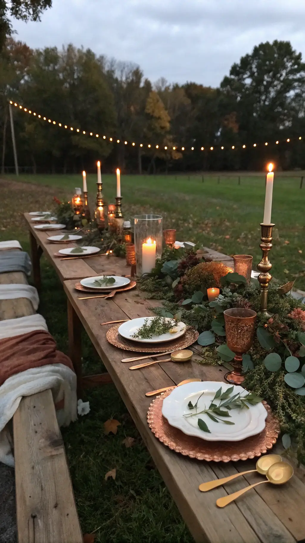 Rustic farm table decorated with organic greenery, bronze mums, autumn leaves, and candlelight under bistro lighting at dusk