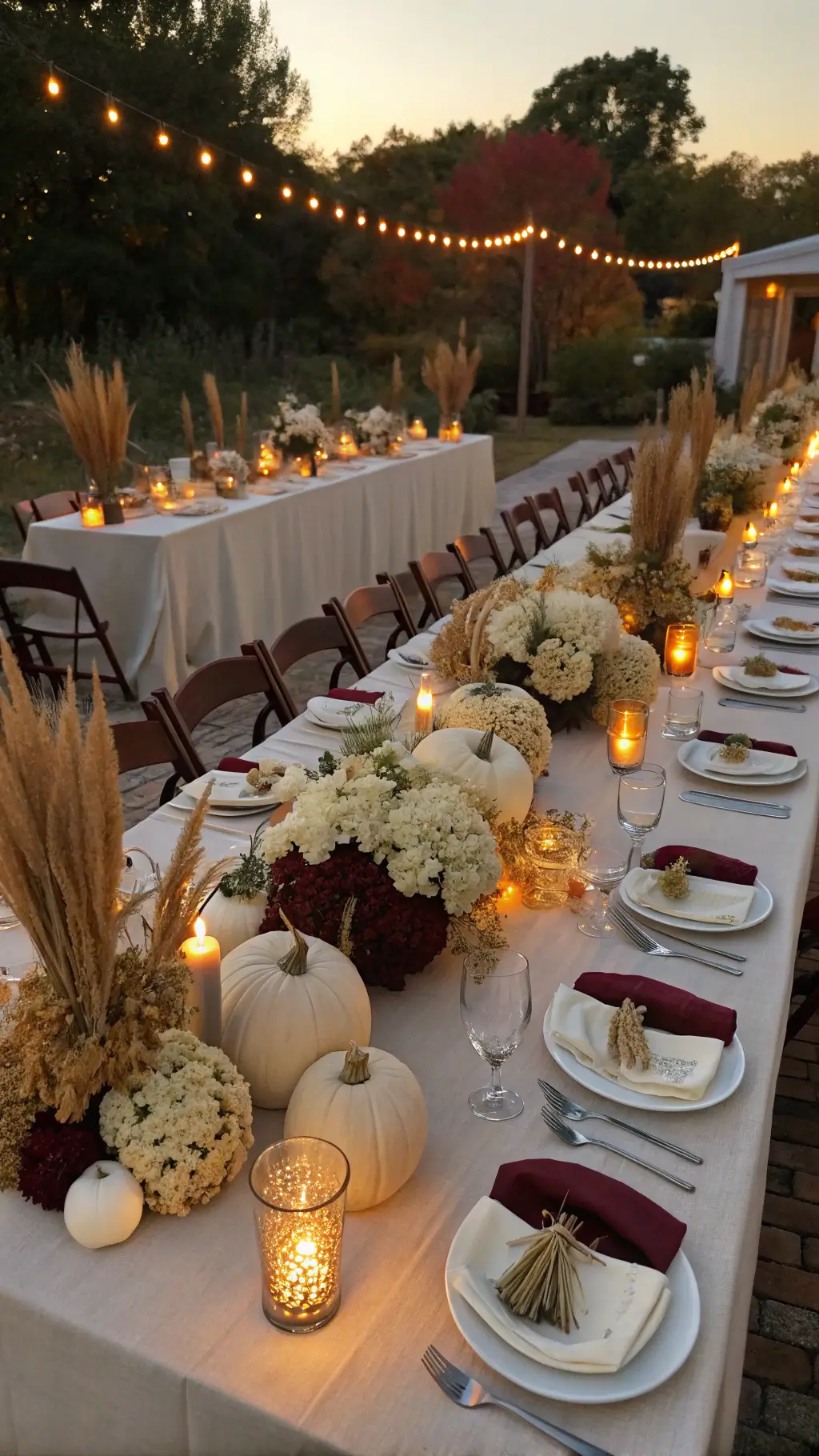 U-shaped table setup with white pumpkins, dried hydrangeas, golden wheat sheaves, mercury glass votives, champagne sequin linens, and burgundy napkins in warm indoor light