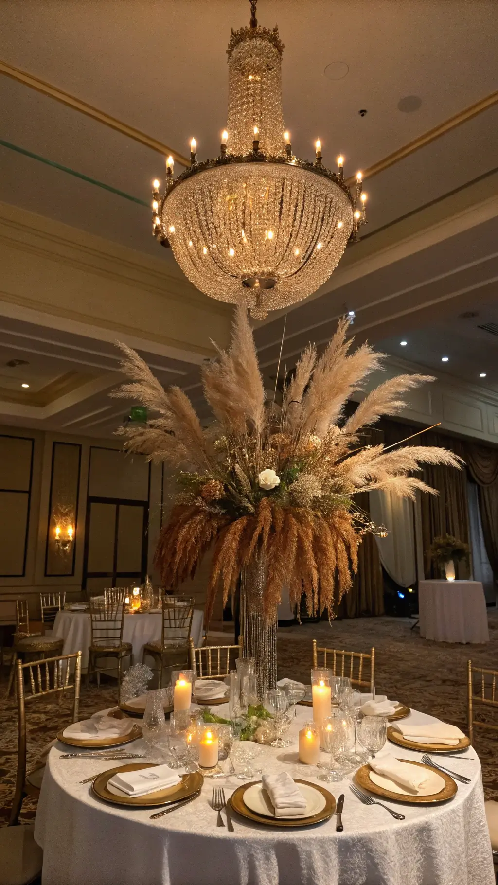 Dramatic upward angle of an elevated round table with gold-rimmed chargers on cream silk tablecloth, crystal chandelier lighting, pampas grass, dried lunaria, copper branches, and amber votives