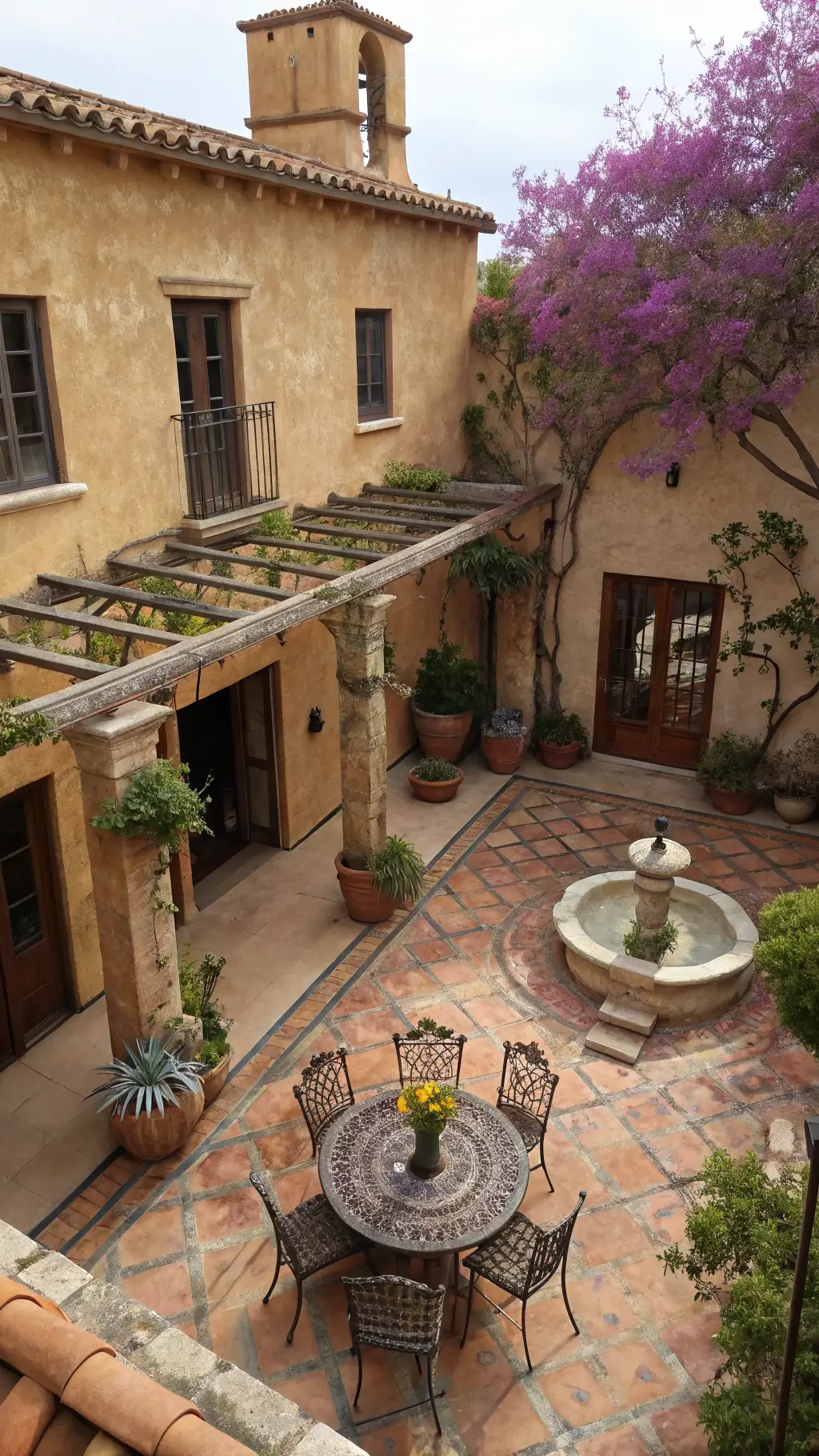 Mediterranean-style courtyard viewed from a balcony, featuring terracotta tiles, ochre walls, bougainvillea, wooden pergola, wrought-iron dining set, mosaic tabletop, limestone fountain, lavender and citrus trees