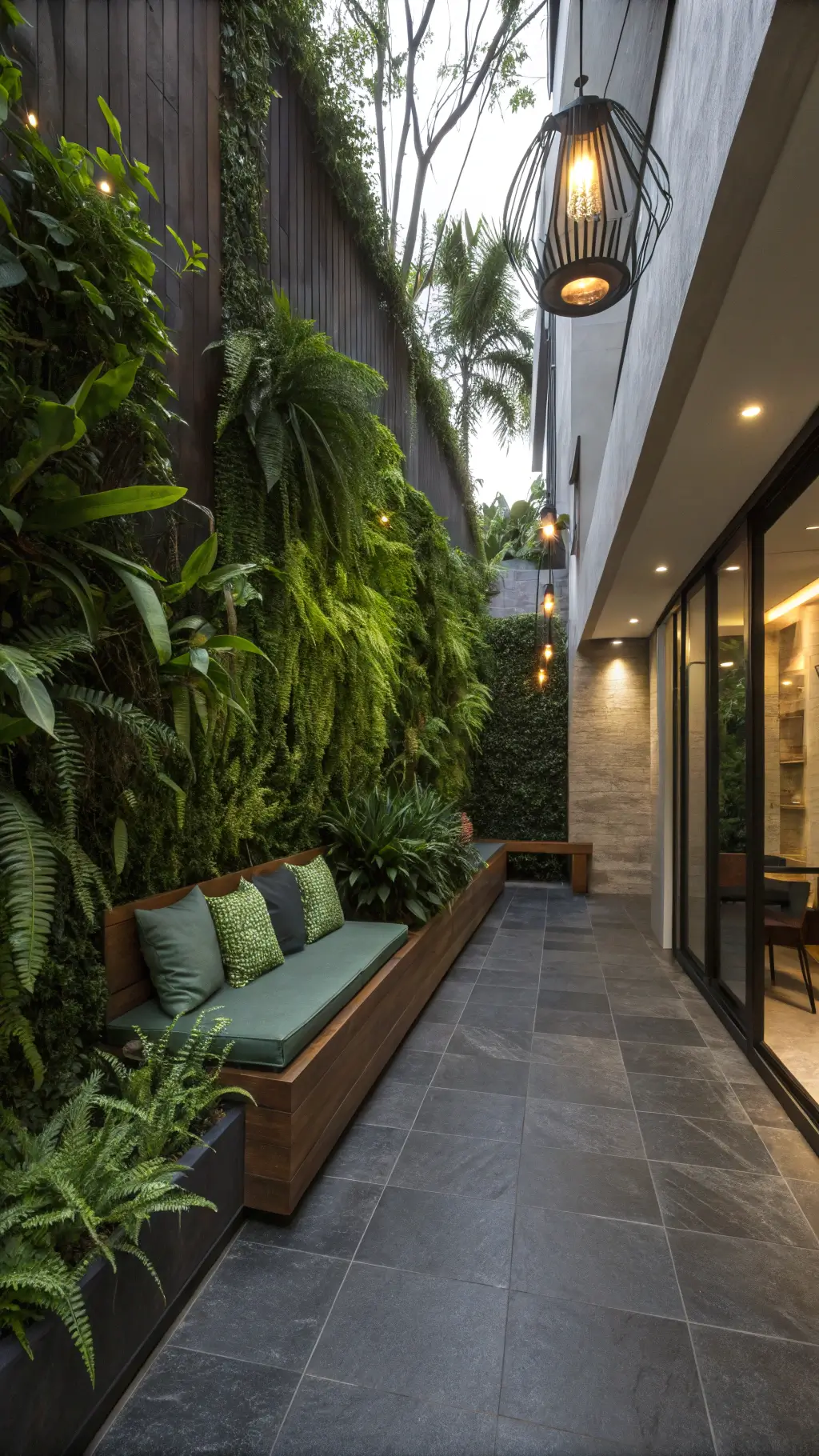 Urban tropical courtyard at dusk with fern wall, ipe wood bench, brass pendant lights, black granite water feature, and charcoal tile flooring