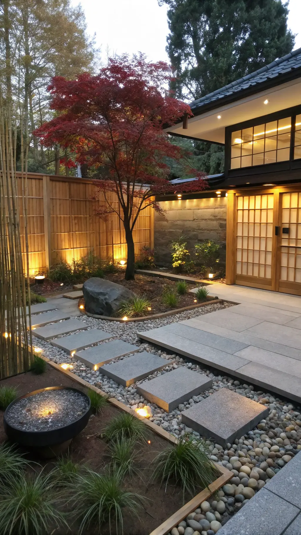 Zen courtyard at twilight with raked gravel, stepping stones, red maple canopy, shoji screens, teak seating, stone water basin, bamboo privacy screen, and subtle brass lighting