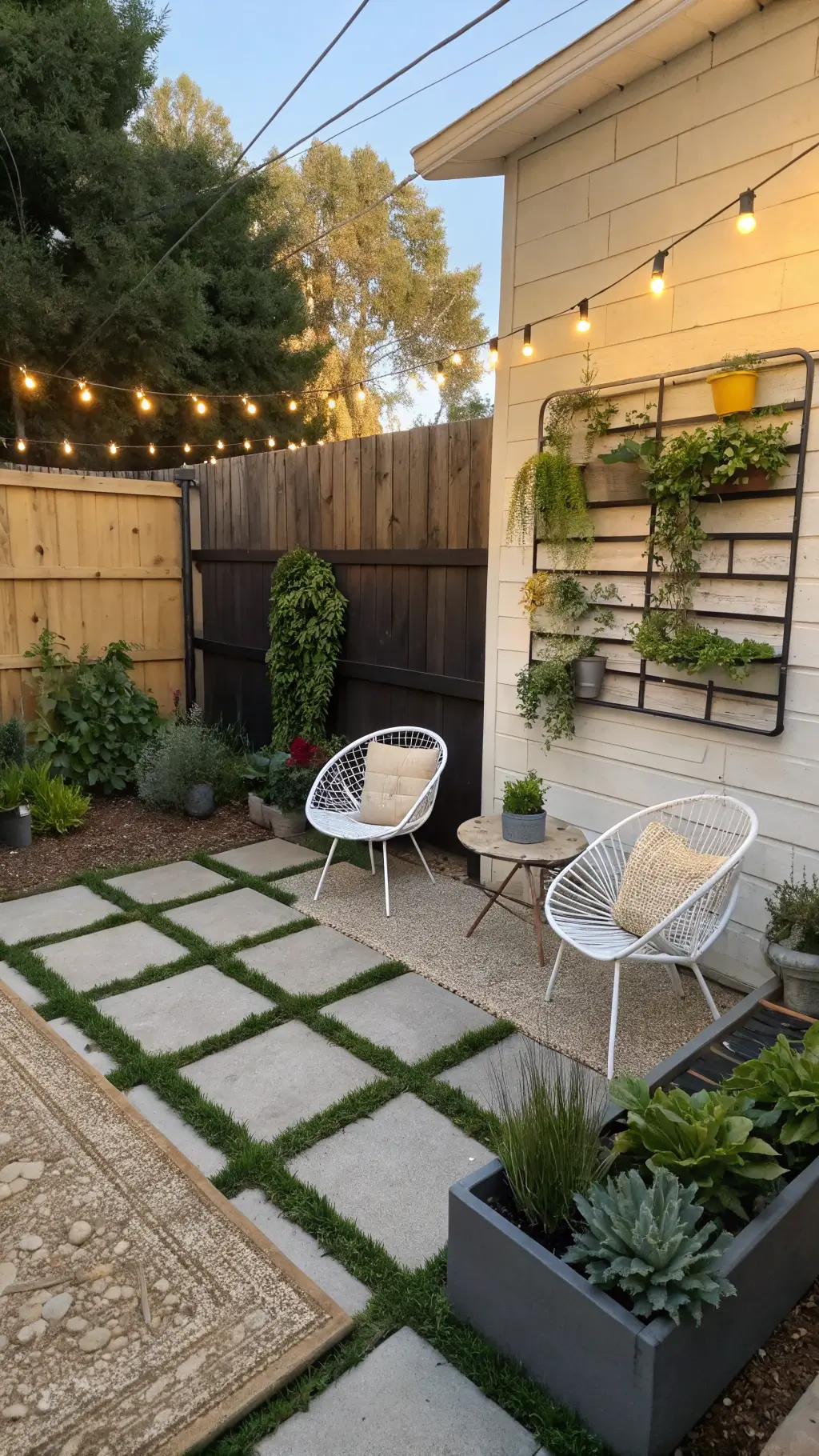 Budget-friendly courtyard makeover with modular deck tiles, DIY vertical herb garden, restored vintage furniture, string lights, repurposed containers with drought-resistant plants, and natural fiber rug