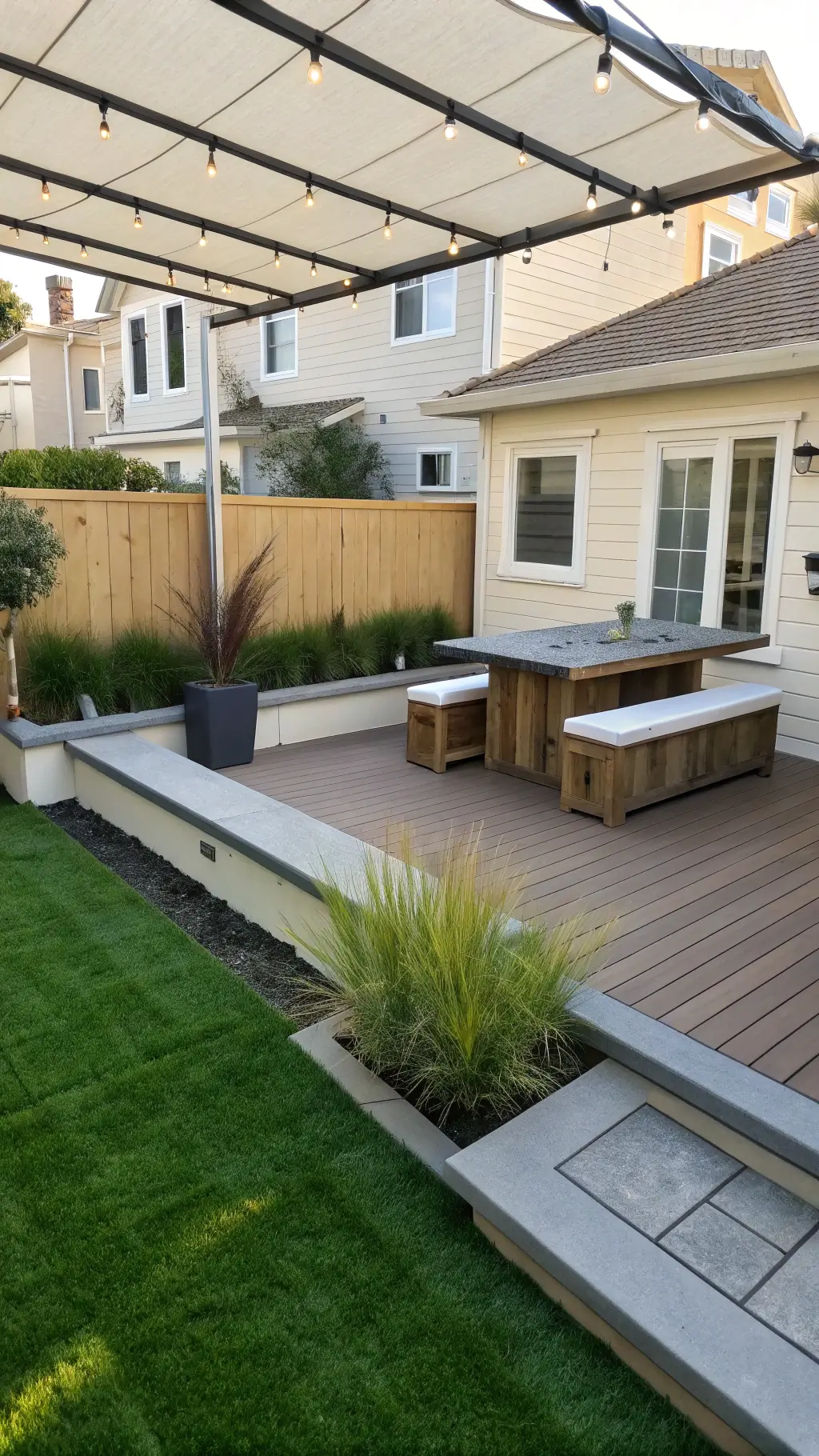 Sunlit, low-maintenance courtyard with synthetic turf, composite decking, built-in storage benches, weatherproof materials, self-watering planters with ornamental grasses, and retractable awning