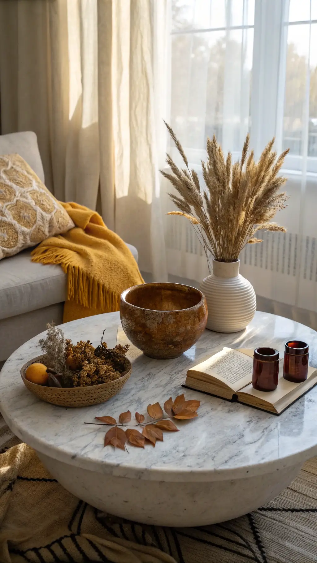 Cozy reading nook with morning light filtering through sheer linen curtains showcasing a marble coffee table styled with a ceramic bowl of dried wheat and maple leaves, amber glass hurricanes, terracotta pottery, vintage art books, mustard yellow throw.