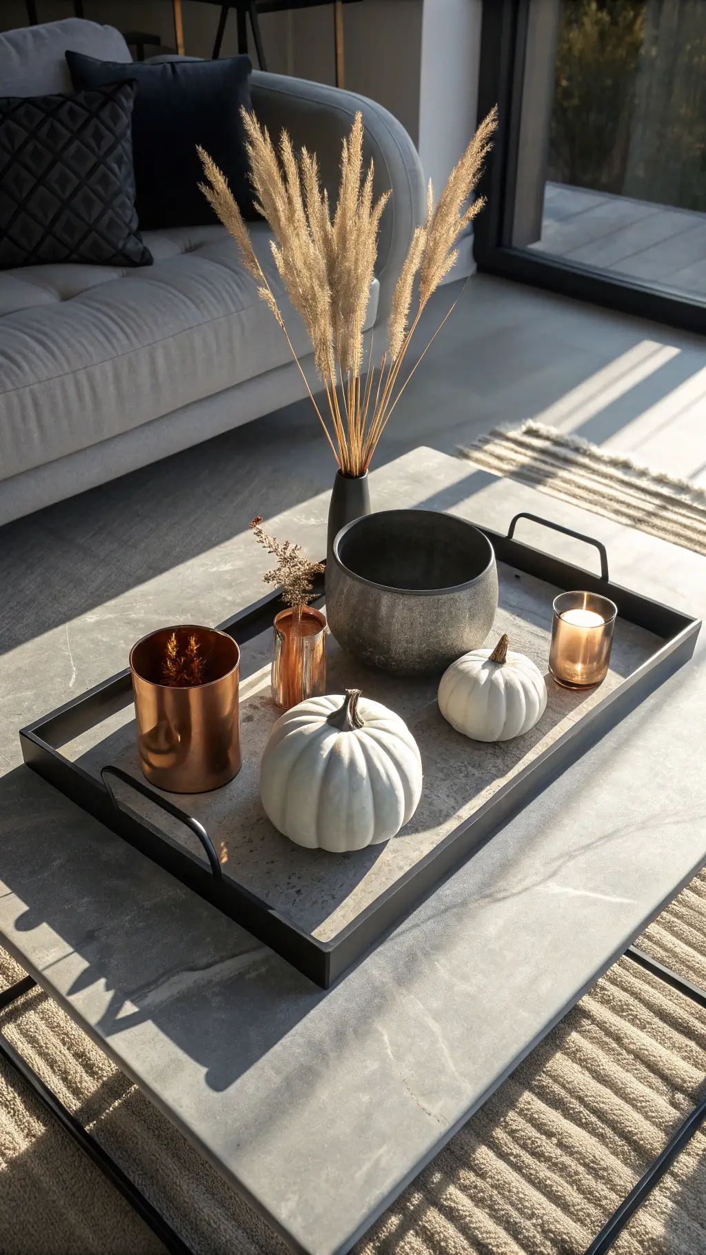 Overhead view of a minimalist concrete coffee table with a matte black tray holding copper vessel with dried pampas grass, geometric candleholders, and ceramic pumpkins in neutral tones, bathed in late afternoon sunlight.