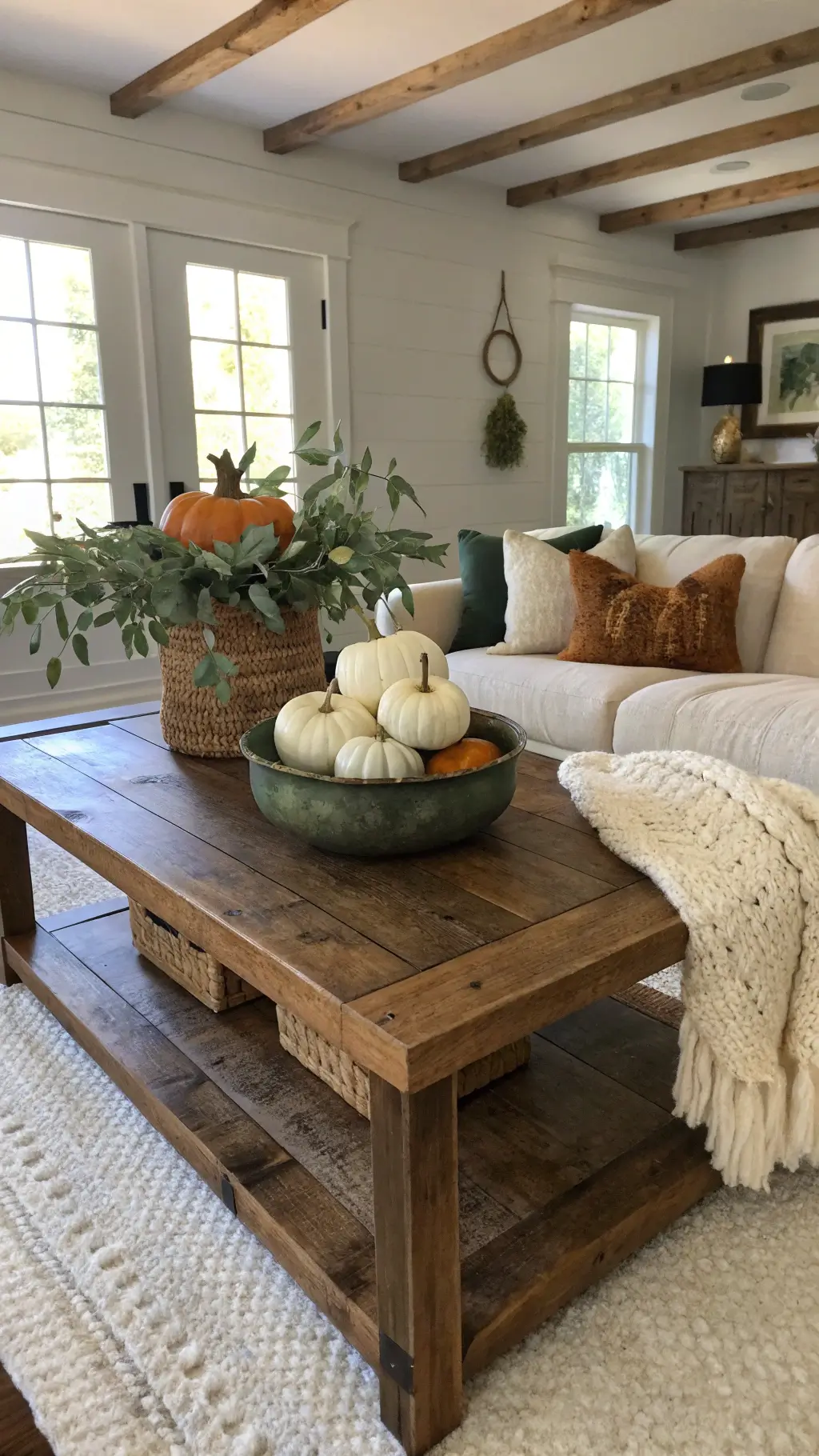 Rustic yet elegant farmhouse-style coffee table with reclaimed wood, vintage dough bowl centerpiece filled with heirloom pumpkins, preserved eucalyptus, brass orbs, chunky knit throw, and roman shades filtering natural light.