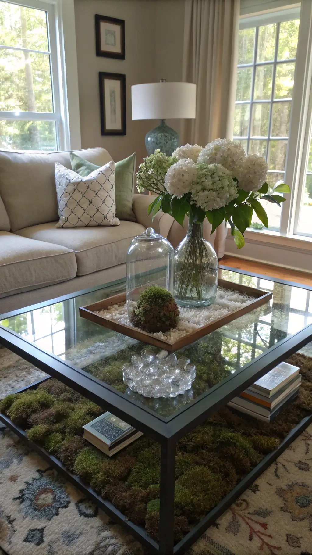 Square glass coffee table surrounded by vintage décor in a small woodland-themed sitting room bathed in soft morning light.
