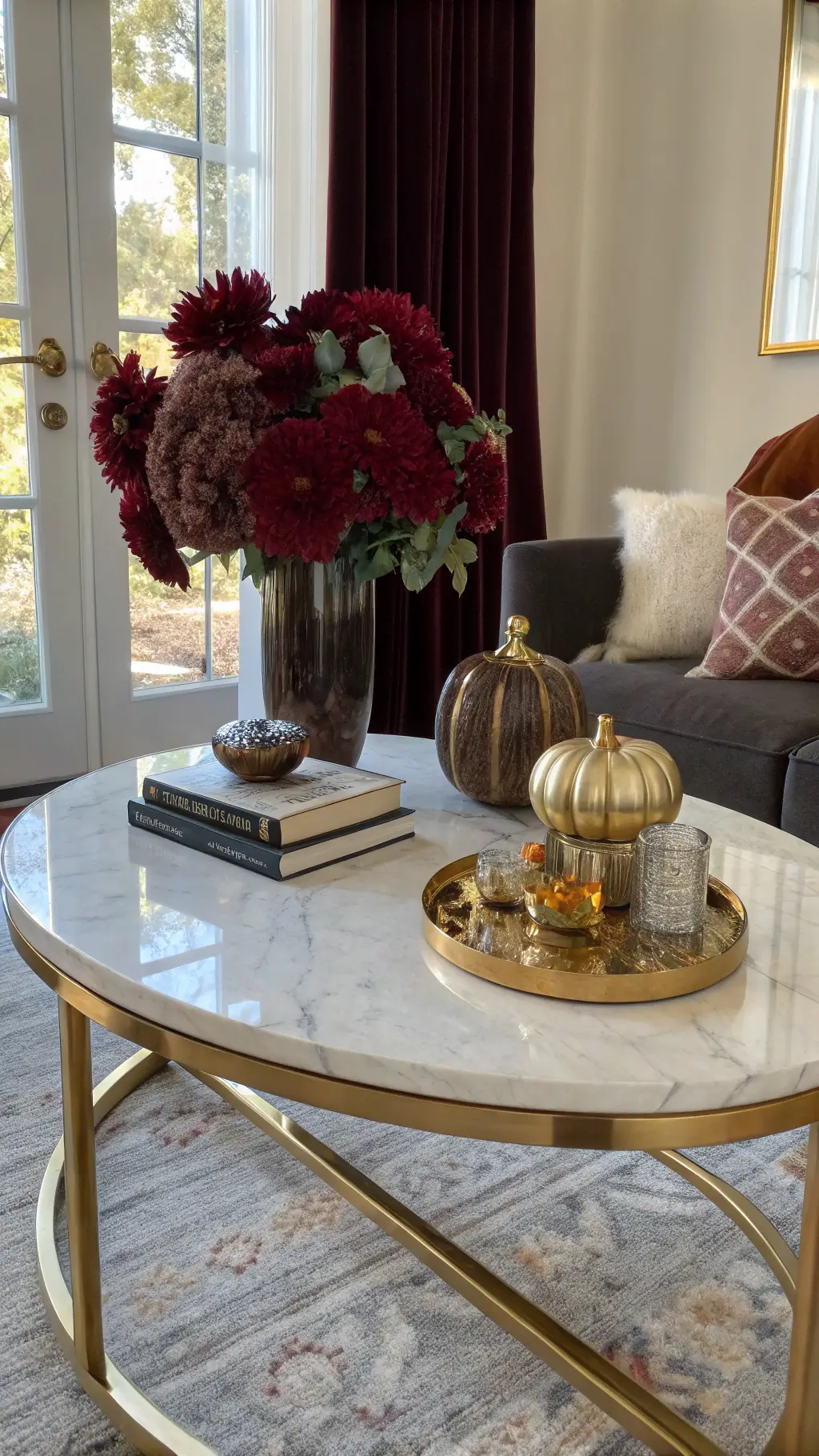 Elegant oval marble coffee table with brass base in formal living room adorned with burgundy dahlias, metallic pumpkins, agate coasters, and black and gold books under warm afternoon light.