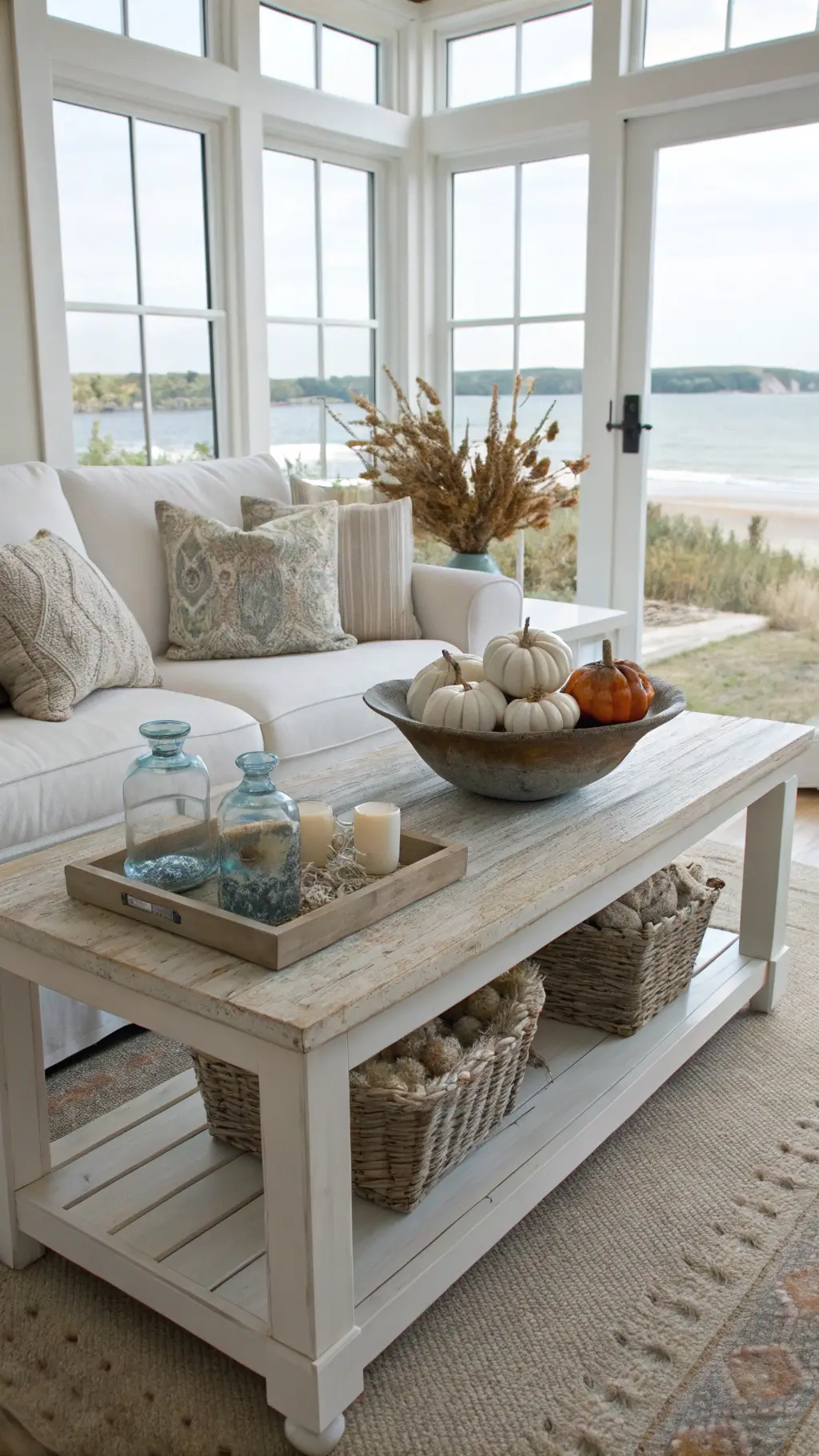 Coastal autumn styled living room featuring a whitewashed coffee table filled with beach-inspired accessories lit by indirect sunlight from bay windows.