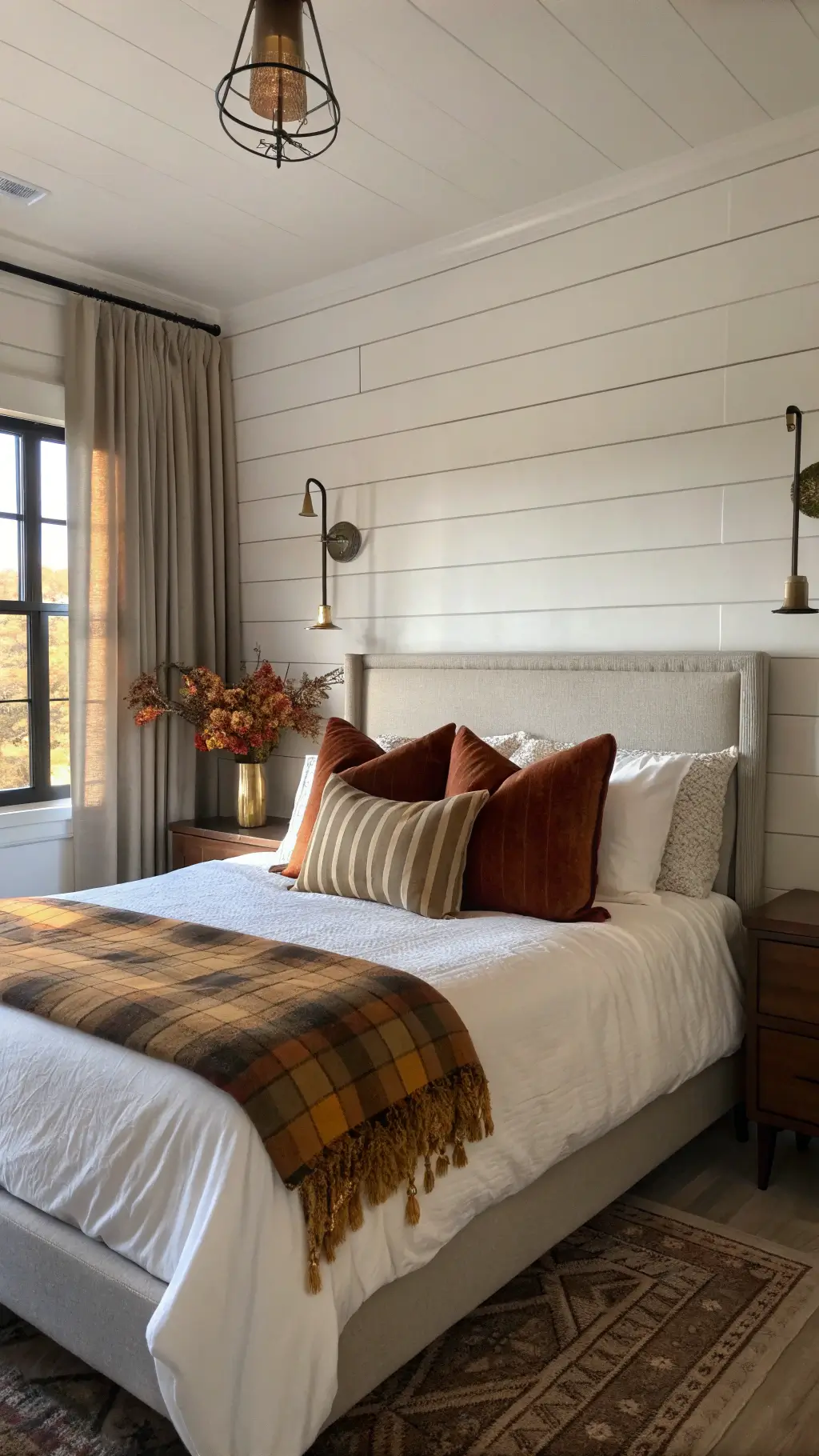 King bed with autumn-themed pillows in a modern farmhouse bedroom bathed in soft morning light