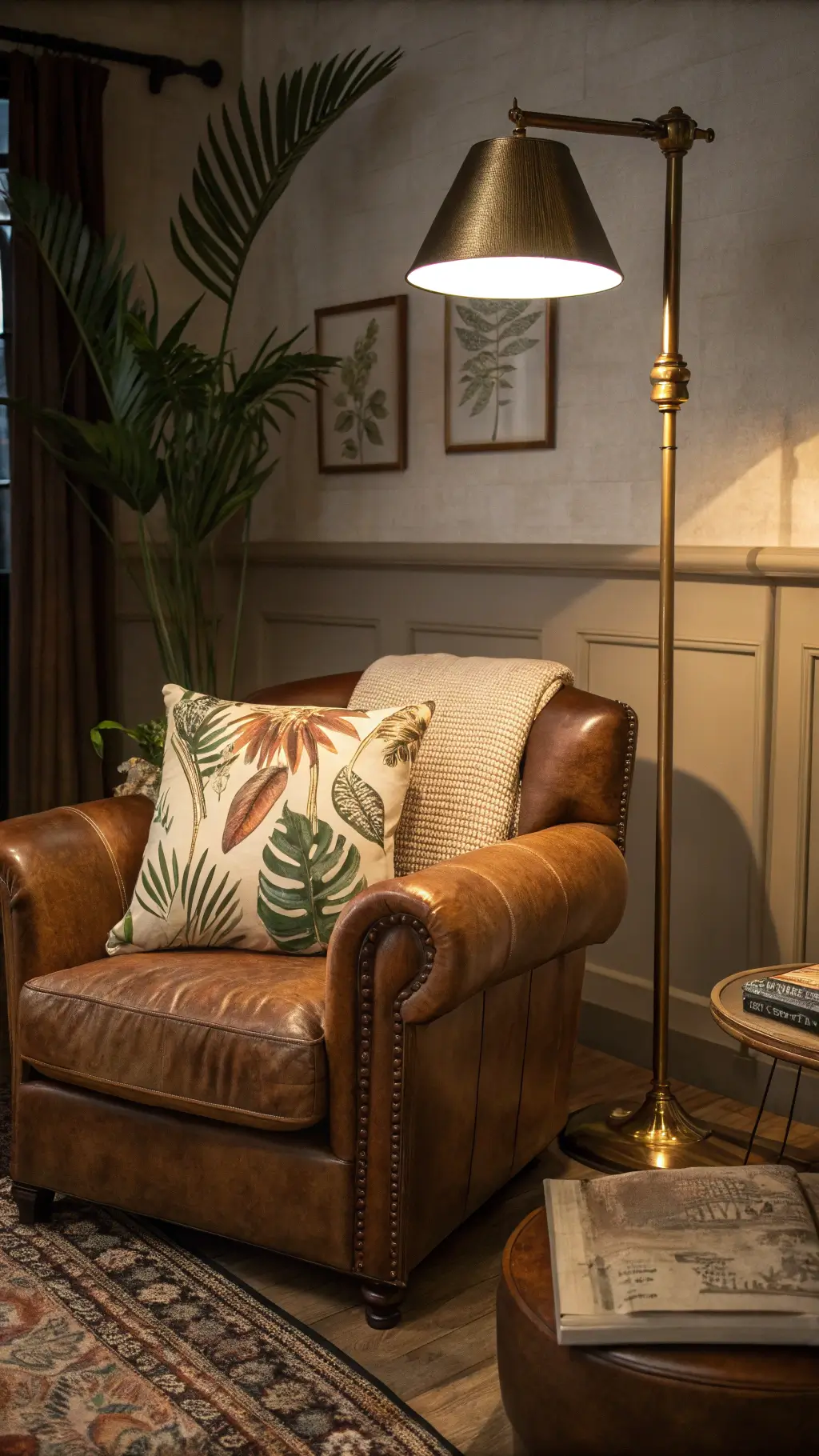 Sophisticated living room corner with leather armchair, brass lamp, and autumn-themed pillows