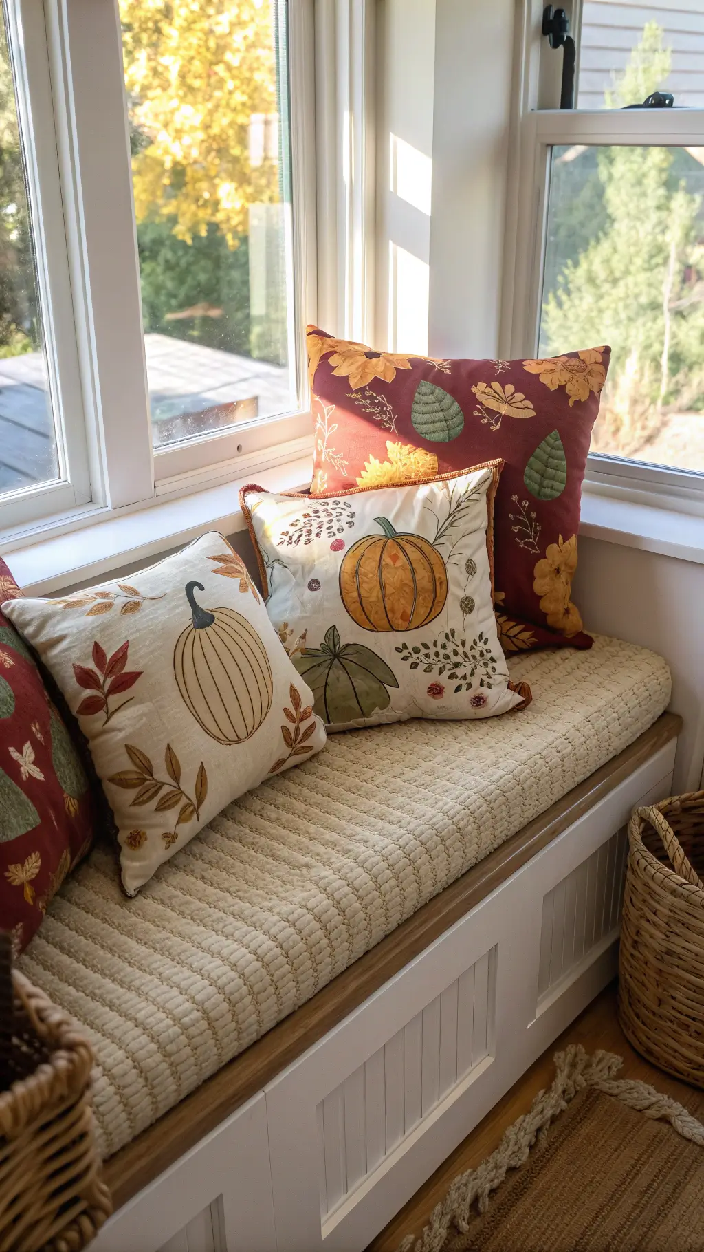 Sunlit window seat with rust, olive, and gold autumn-themed pillows