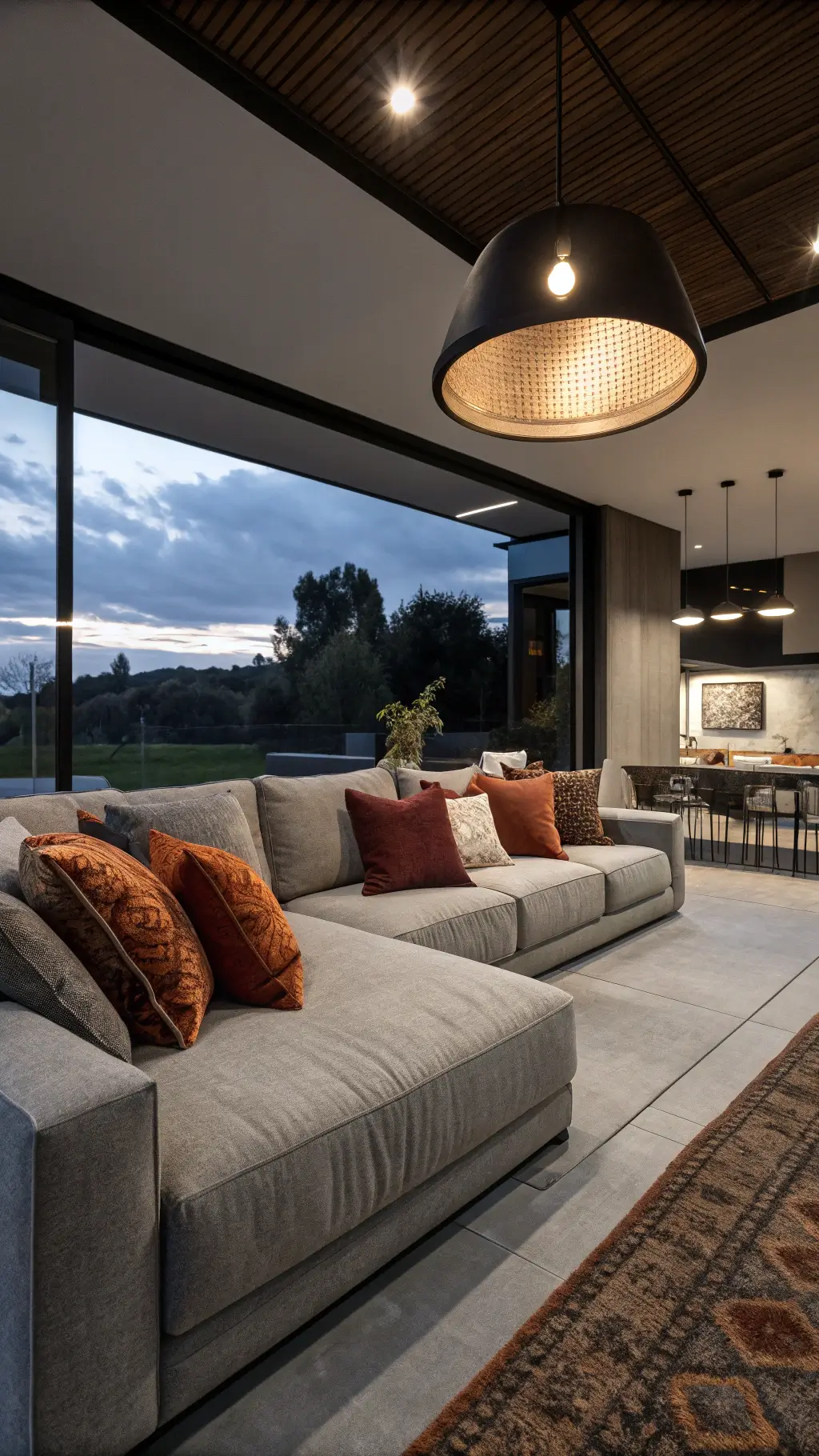 Contemporary living room with gray sectional and luxe textured fall pillows